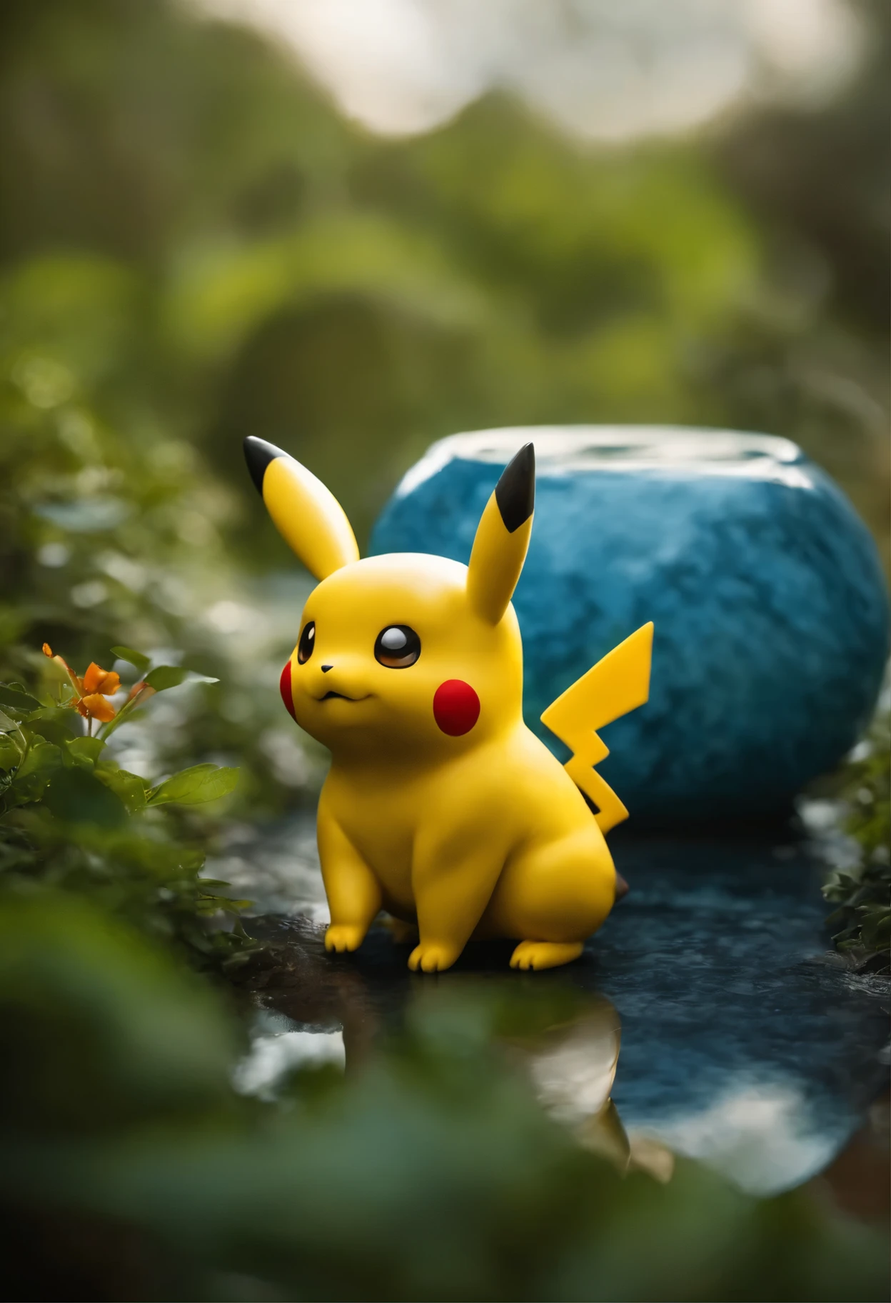 Pikachu azul, soltando raios verdes da bochecha, olhos vermelhos, lutando contra charmander branco dos olhos azuis.