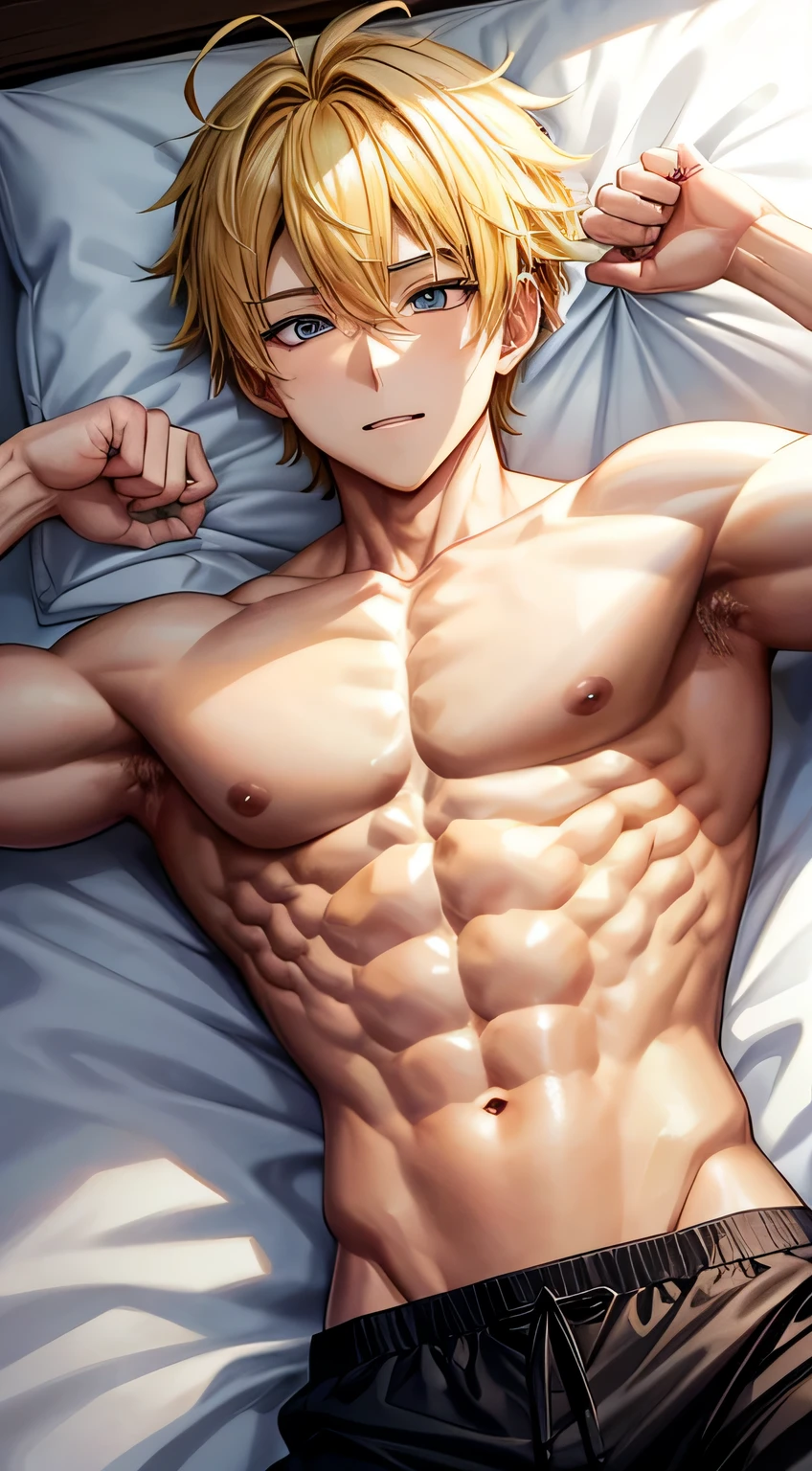 Shirtless anime guy muscular with yellow hair
6 pack abs
Lying on the bed