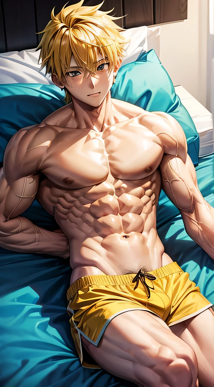 Shirtless anime guy muscular with yellow hair
6 pack abs 
Lying on the bed