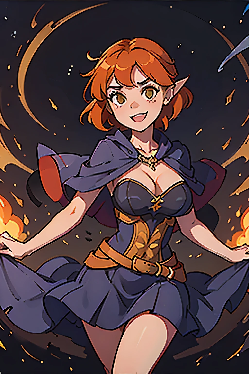 (((masterpiece))), (((best quality))), illustration, single character, game character, rpg character, female character, female dark acolyte. tall torso. skinny girl. indigo blue dress with golden details and lines, open dress. exposed legs. leather bracers. huge open cleavage, big gem necklace. tiny breasts. wide hips. up turned hips. wavy short hair. orange short hair, slightly pointy ears, yellow eyes, sexy face expression. laughing smile. black cloak. orange hair. playing a lute. dark energy spell. cosmic background, flat color background, anime character, 8k, awesome quality