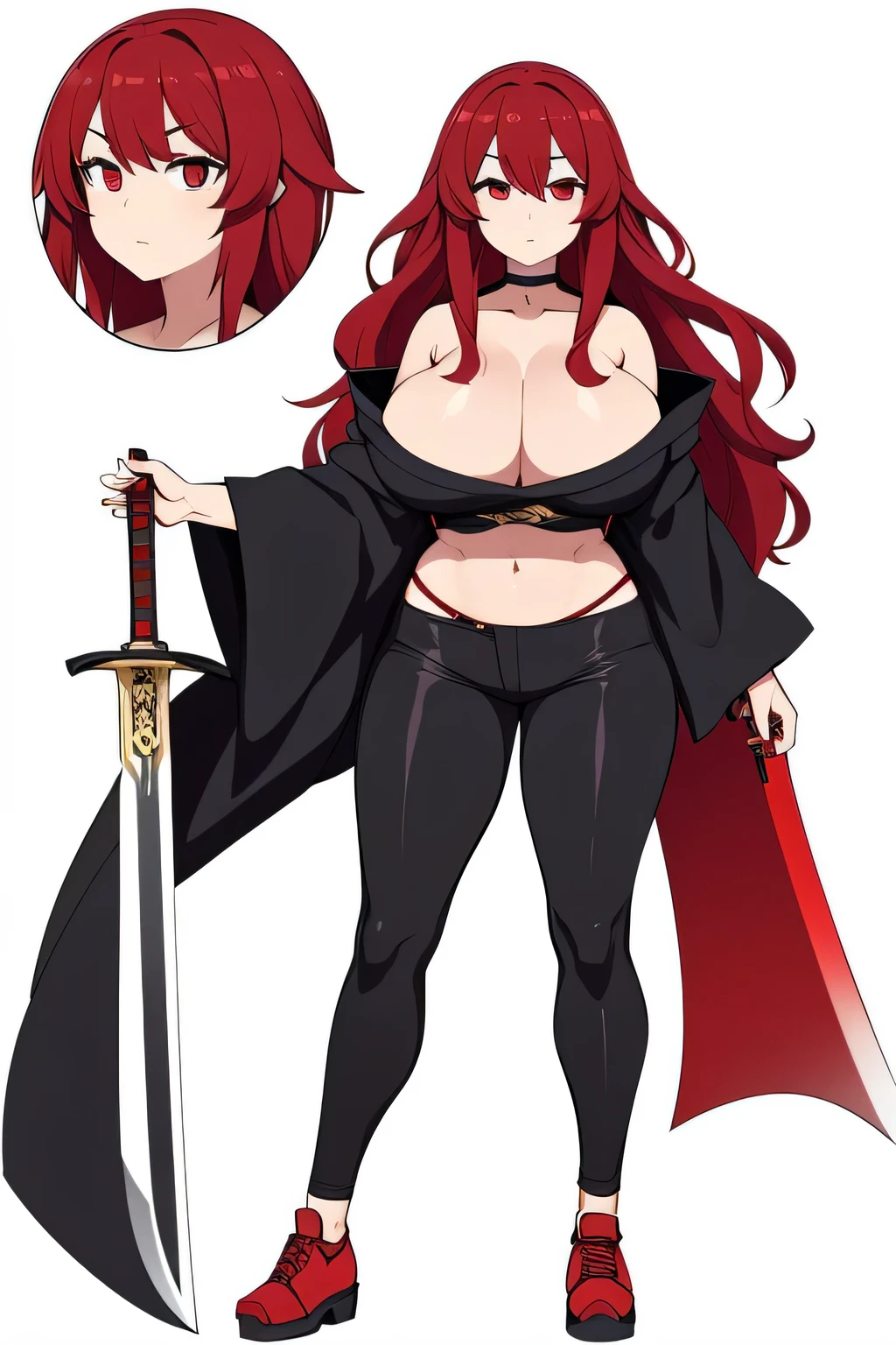 Big breasted kimono girl huge long wavy red hair and cloth covered face wears short kimono shows navel and tight black pants and red shoes carry a big sword filled with chopped edge