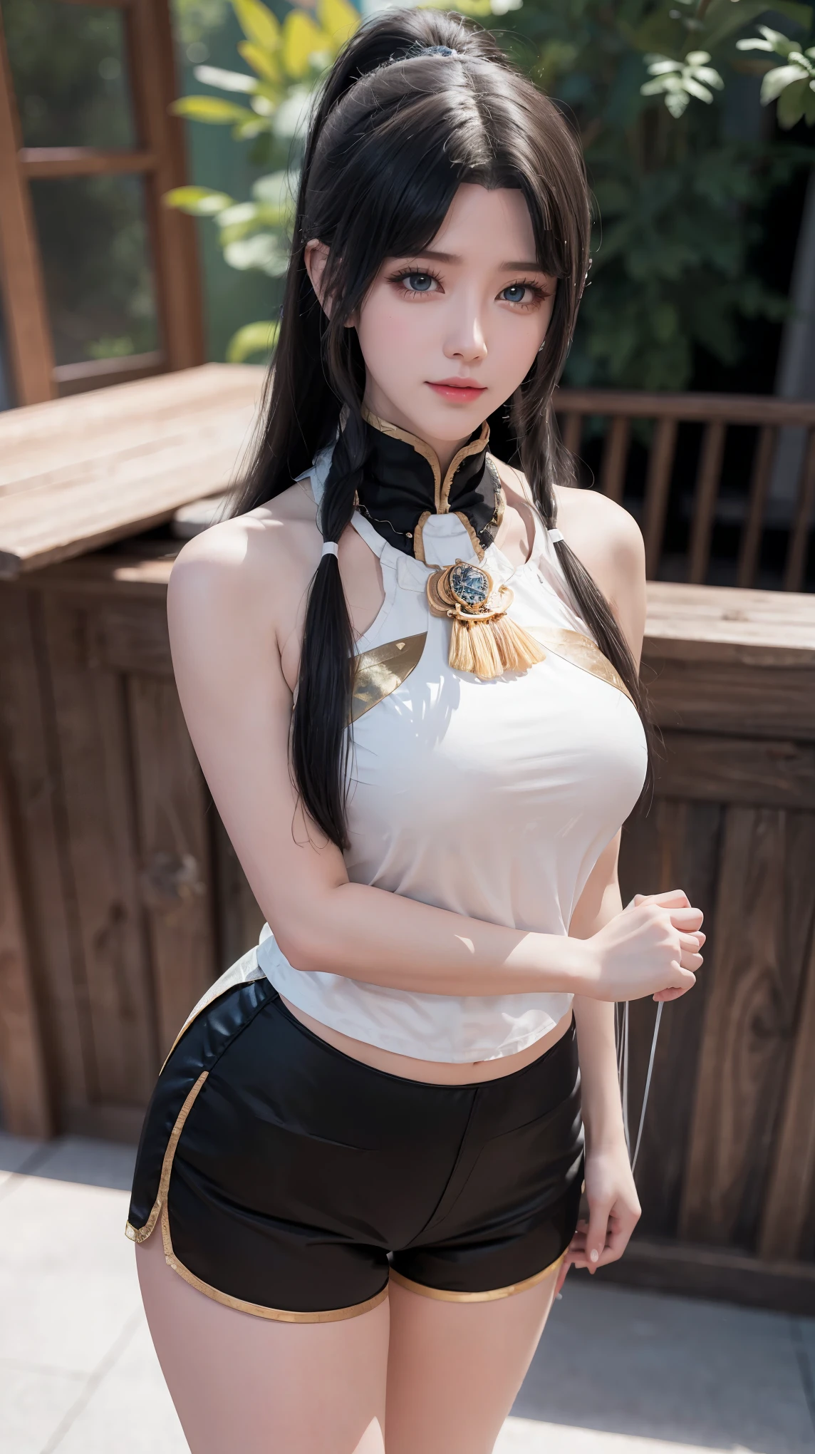 Walnut,vampire,assassin,charming,Mature,Sexy,thin,Qi bangs,long hair,天線Bangs,double tail,高double tail,Bangs cover one eye,frightened,angry,Smile,blush,red nose,drunk,eyes straight,exquisite eyes,red lips,perfect face,Cross your arms across your chest,暗Black皮肤,dynamic poses,fighting stance,near,school swimsuit,damaged clothing,Cloak,leather skirt,Black,,Spandex gloss,Laser reflective material,Detail background,气泡angry,bubble blush,heart-shaped,notes,Q version,official art,lifelike,movie angle,Dynamic angle,Horizontal viewing angle,depth of field,movie lighting,colorful,PBR rendering+UE pull,32k,High resolution,high quality,beautiful wallpaper,a white hair、Close-up of woman wearing white mask, beautiful figure painting, guweiz, Gurwitz style artwork, White-haired God, author：Yang Jie, Epic and beautiful character art, Stunning character art, author：FAN Qi, by Wuzhun Shifan, pixiv art station street guweiz, single ponytail, insult, high ponytail, tall figure, long legs, (sleeveless lace shirt), (shorts), (striped )), ((striped )), Walk, elegant, dignified, feminine, beautiful curves, sweet smile, Strong sense of detail and layering, colorful, Has a unique texture, rich and colorful, Color harmony, vivid, design art, 16K, super detailed, {{illustration}}, {extremely delicate and beautiful}, {Exquisite surface treatment}, super detailed, Exquisite glowing eyes, {{movie lighting}}, Extreme light effects, Model: realism, CFG size: 12, Laura: Bright texture (1.35), high quality, masterpiece, Exquisite facial features, Delicate hair depiction, Detailed depiction of eyes, masterpiece, best quality, Ray tracing, Extremely detailed CG unified 8K wallpaper, masterpiece, best quality, (1 girl), perfect female figure, (((White tight T-shirt))), beautiful eyes, (delicate face), Black短发, hair tied up, Light blue hairpins, (White skin), (best lighting), (Super intricate details), 4K unified, (super detailed CG), Showing white legs, , hot pants, shorts,best quality, High resolution, Unique image, 1 girl，armpit, Put your arms behind your head, Bangs, bare shoulders, blue footwear, blue hair, blue leggings, braid, Chest, 棕色lift your legs, shut your mouth, bench, Cover belly button, curtain, Split collar, earrings, Eyebrow suspenders visible through hair, gradient hair, green eyes, High heel, light blush, looking at the audience, messy hair, rich and colorful hair, on bench, sitting, alone, ,lift your legs,大long legs，Black