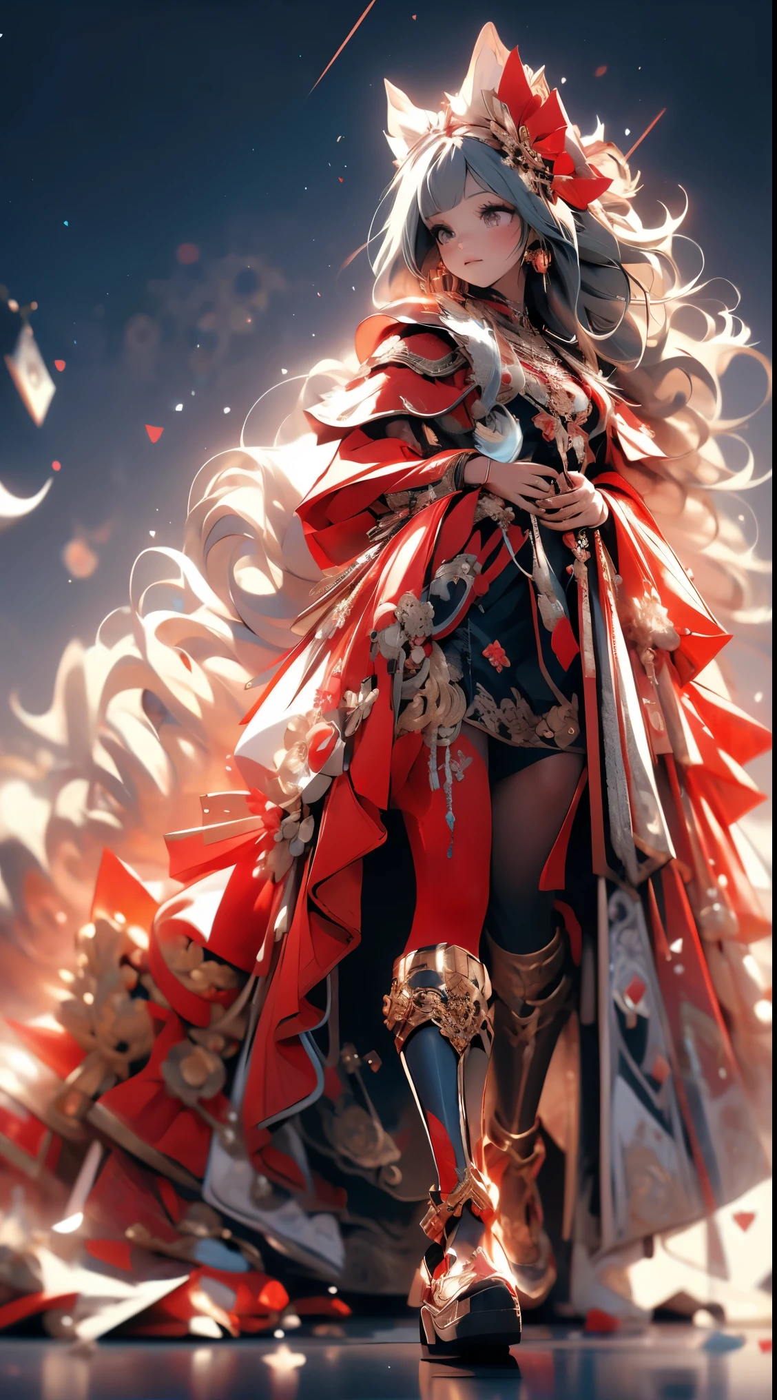 {highest quality}, {{masterpiece}}, {High resolution}, very knowledgeable girl, alone, sharp focus, {{{{{{{{white background}}}}}}}}, {{{character{{{1 girl}}}}}}, alone, Are standing, light smile, closed mouth, detailed and beautiful eyes, {{{{{sharp focus}}}}}, {{{{{masterpiece character design reference sheet}}}}},Ahoge, Amco, dull bangs, blush, bridal_gauntlet, capelet, closed_mouth, removed sleeve, earrings, black capelet, {{{gray hair}}}, hair ornaments, High resolution, jewelry, looking at the viewer, very long hair, simple background, alone, {{{{{full body}}}}}, red eyes, white background, crystal eyes, {{{gold trim}}}, {{{very dark skin}}}, small breasts, short skirt, Final Fantasy XIV, focus on legs