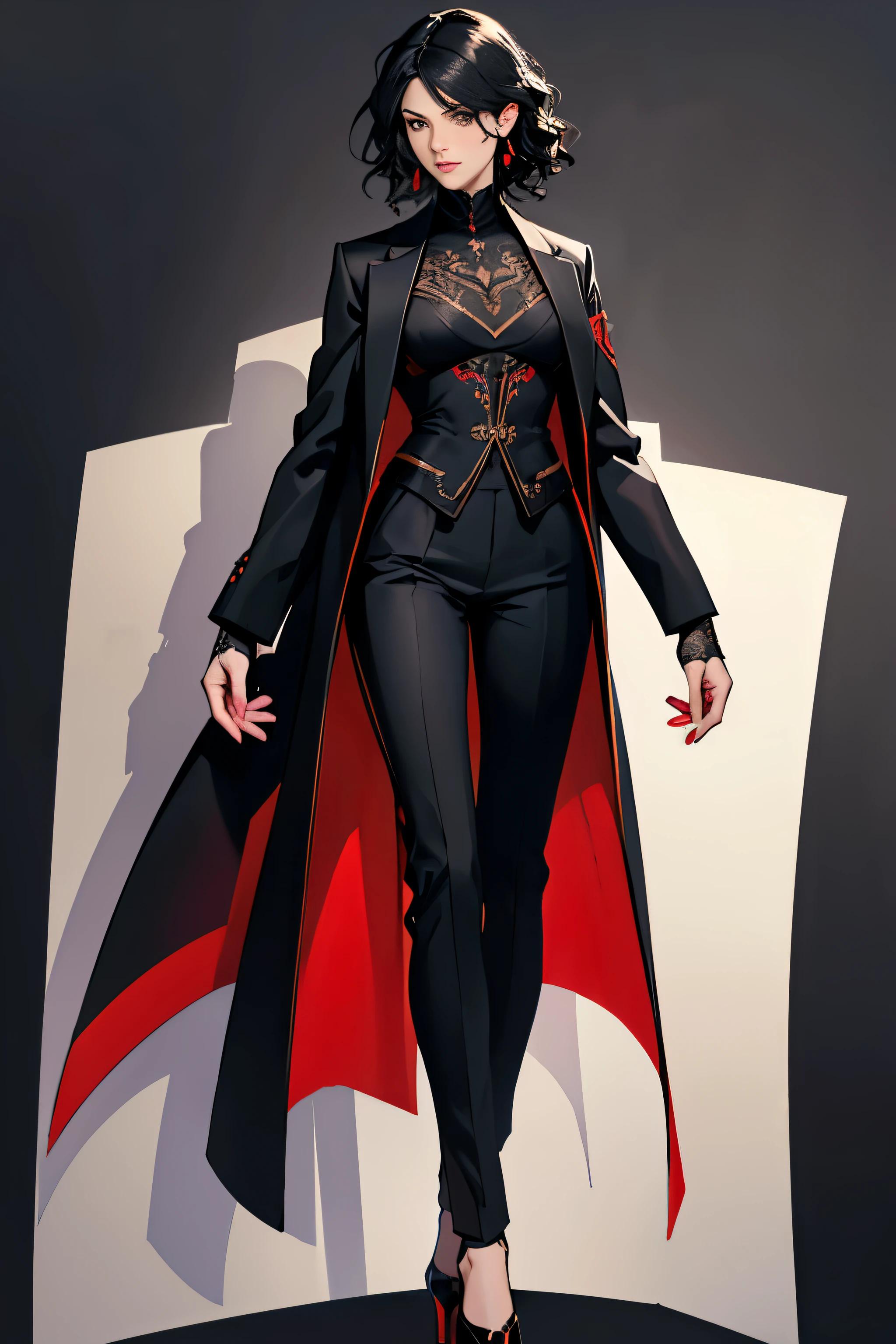 1 young woman, elegant woman, wavy hair, black hair, short hair, elegant two-piece suit, jacket and dress pants, black clothes, light background, full body, tribal tattoo, white and red details, sketchbook, hand drawn hand, symbols, dark, bold, realistic sketch, sketch, mix of dark lines and loose lines, bold lines, on paper, turn on character sheet, human woman, gray eyes, full body, elegant imposing pose, a lot of details, elegant suit, symbols, runes, dark theme, black shirt, beautiful, pretty, modest