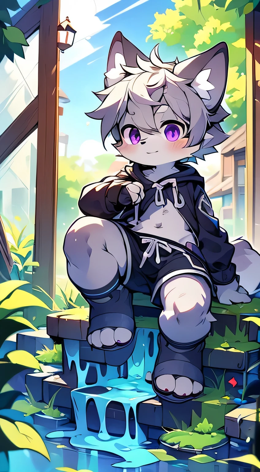 (masterpiece),character focus,detailed background,(full body:1.1),ultra cute face,dog boy,light grey fur,dark grey hair,solo,eyesgod,purple eyes,eyes highlights,underwear,play with slime