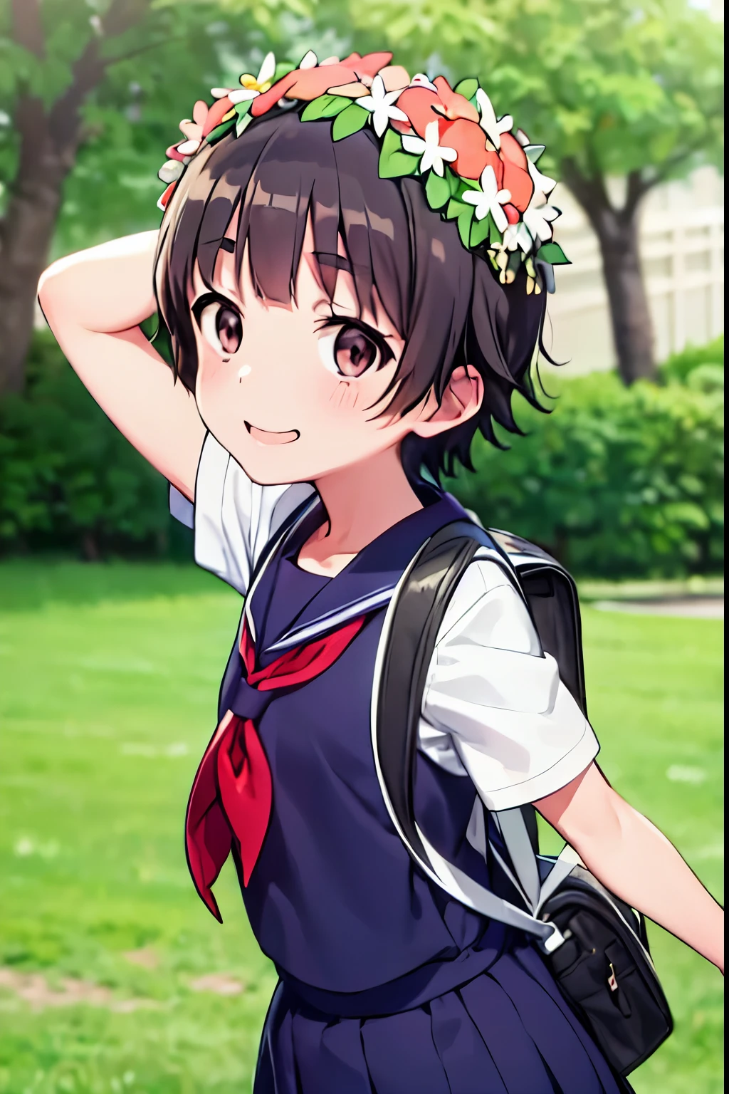 uiharu_kazari,  (8k, RAW photo, best quality, masterpiece:1.2),
1girl, bag, sakugawa_school_uniform, school_uniform, serafuku, solo, school_bag, holding_strap, jaggy_line, smile, shoulder_bag, backpack, red_neckerchief