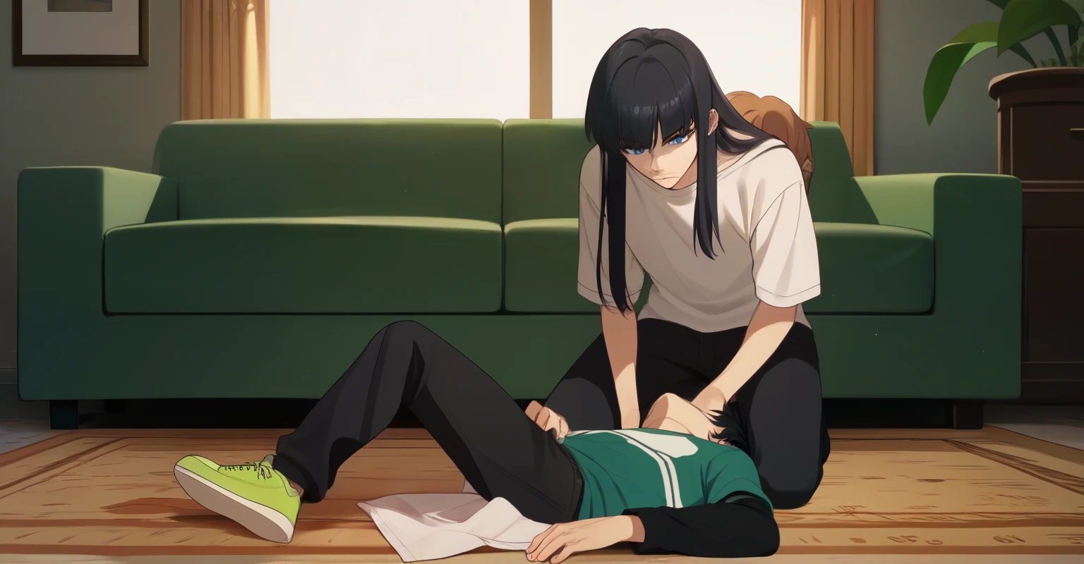 Girl with black and long hair in a white shirt, There&#39;s a guy underneath the girl, girl massages guy&#39;s abs, BREAK
check_9, check_8_up, check_7_up, check_6_up, anime, The guy is lying, short black hair, Blue eyes, смотрит up, (guy lying on the ground) 