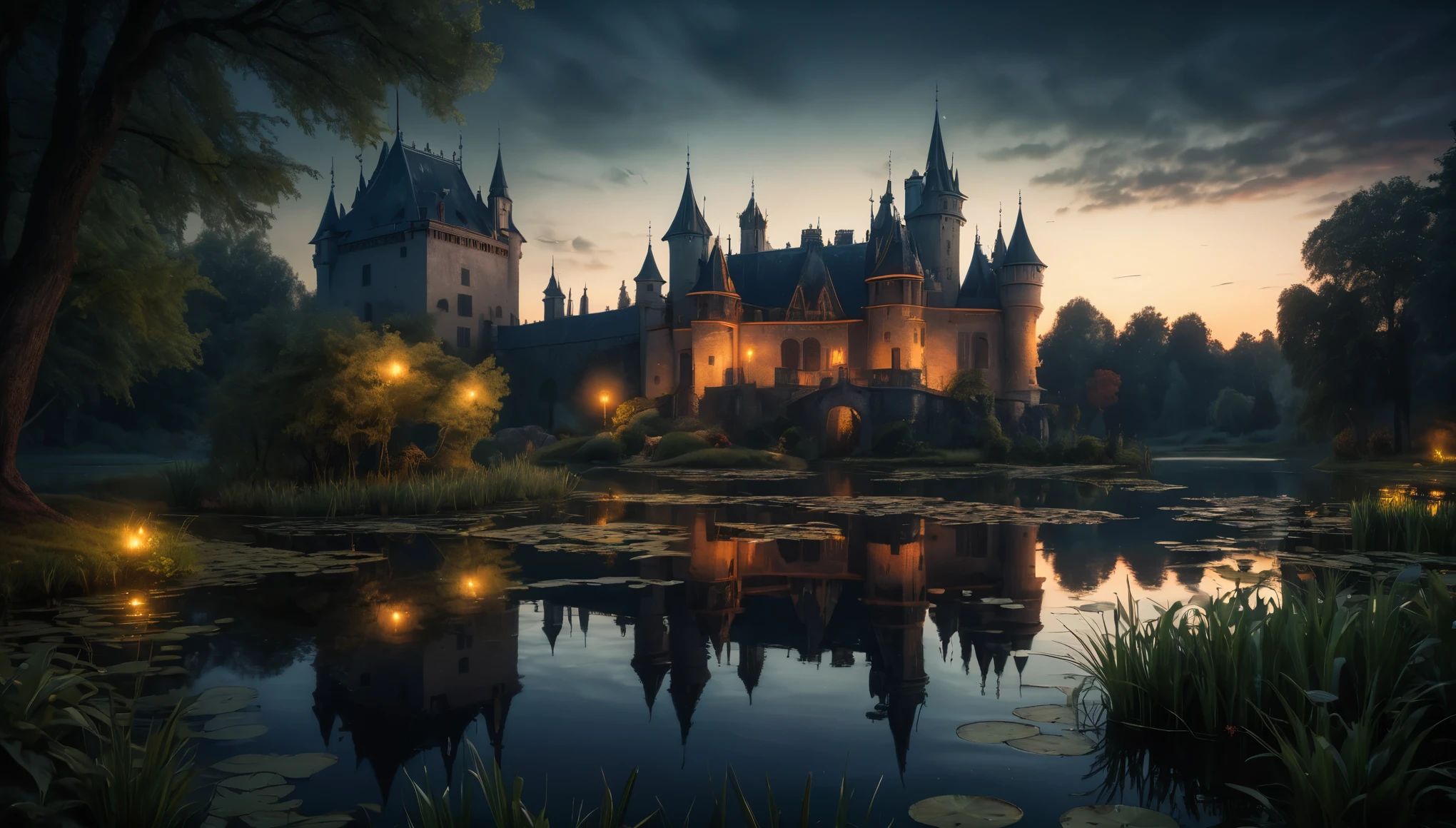 Realistic paint, dark fantasy style, royal pond, pond near castle, evening pond, villain's castle, anti-hero's castle, dark walls, wild pound, dark atmosphere, hdr, raw photo, 8k, detailed