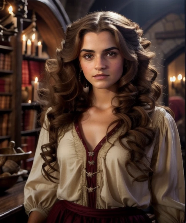 uma mulher com cabelos longos vestindo uma camisa branca e saia vermelha, maya ali as ad&d feiticeiro, Maya Ali como D&mago, Maya Ali como D&d feiticeiro, Karol Bak da freira Emma Watson, elfo tecendo cabelo castanho longo, beautiful magical stella maeve, olivia culpo as milady de winter, hermione