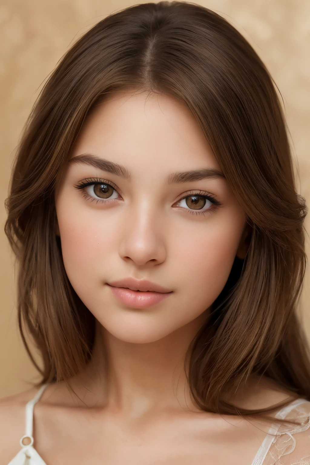 A high-quality, realistic (1.2), artwork of a girl with chestnut brown hair and beautiful, brown eyes. Her face is intricately detailed, showcasing her lovely features. The image focuses on her front and rosted area, revealing every fine detail of her nuanced complexion. The girl's brown eyes radiate charm and allure as she gazes directly at the viewer. This artwork renders a lifelike texture, capturing the essence of realism.