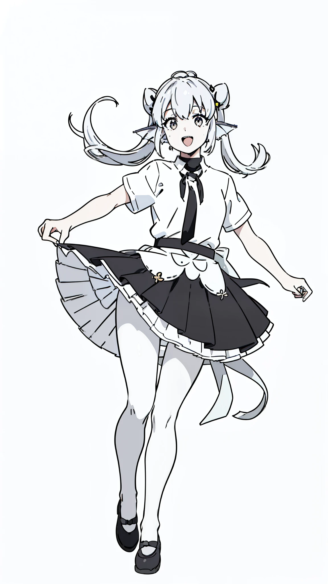 1girl,20 years old,solo,(((white background,line drawing))),long hair,white hair,fish ears,twintails,((white shirt,short sleeves,black standart tie,black skirt,pantyhoses)),smile,open mouth,upper body,from front