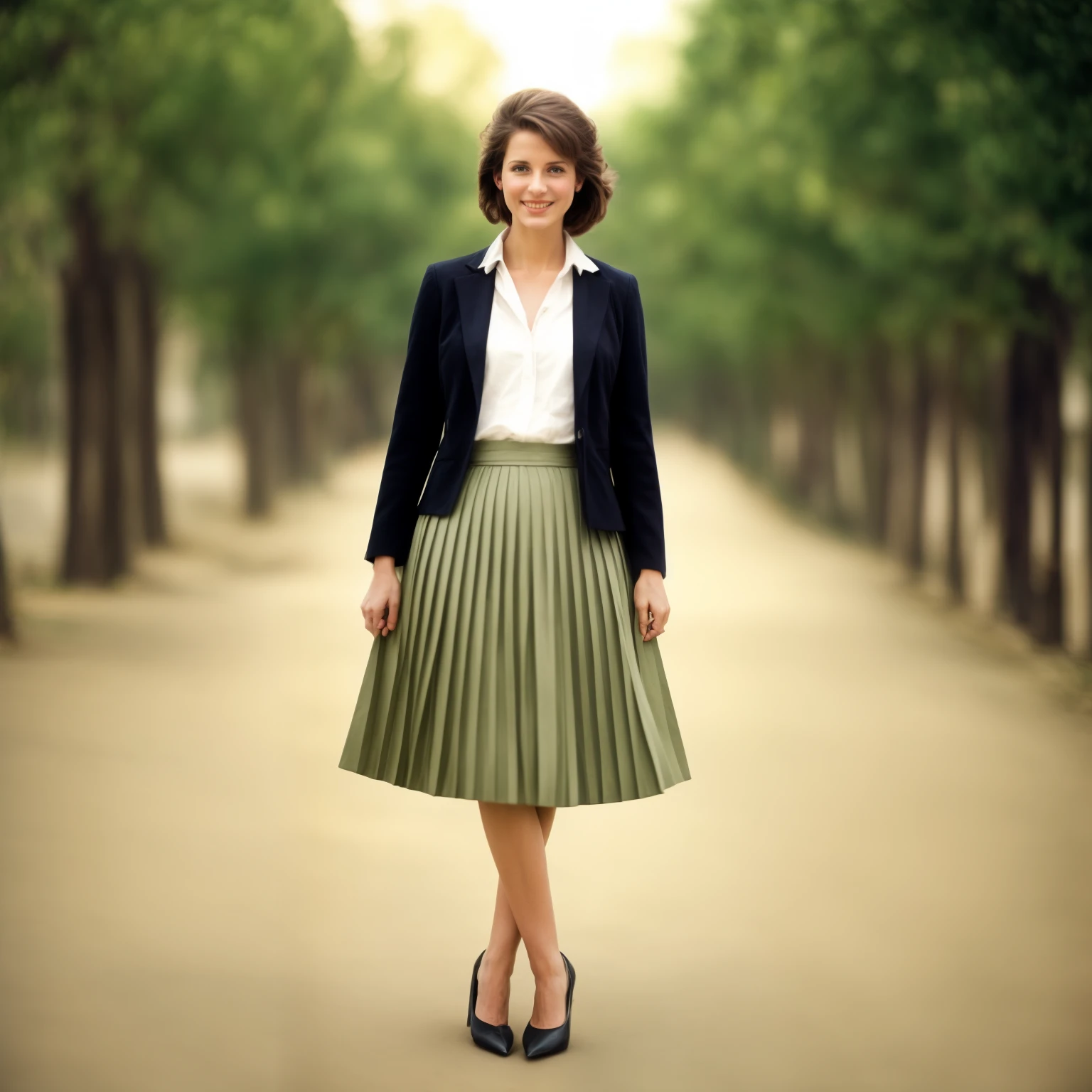 authentic (very shy:1,4 smiling) good woman wearing a short blazer with a very very detailed (long (fully pleated) full circle skirt) and (simple) low heeled office shoes, very very intricate hyper-detailed symmetric (attractive graceful young feminine face) with (sad, tired eyes and shy smile:1,1), full of empathy and compassion and love, (pronounced (feminine) features), (highly detailed ultra accurate realistic) hands and fingers, (windy conditions and wind blowing), epic composition, highly detailed attributes, highly detailed atmosphere, (35mm f1.4 Kodak portra 400 photograph), extremely high quality RAW photograph, intricate, Exquisite details and textures,