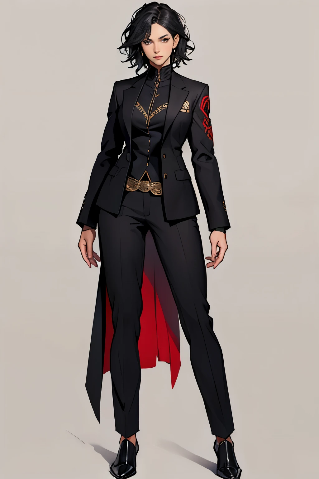ung woman, elegant woman, wavy hair, black hair, short hair, elegant two-piece suit, jacket and dress pants, black clothes, light background, full body, tribal tattoo, white and red details, sketchbook, hand drawn hand, symbols, dark, bold, realistic sketch, sketch, mix of dark lines and loose lines, bold lines, on paper, turn on character sheet, human woman, gray eyes, full body, elegant imposing pose, a lot of details, elegant suit, symbols, runes, dark theme, black shirt, beautiful, pretty, modest