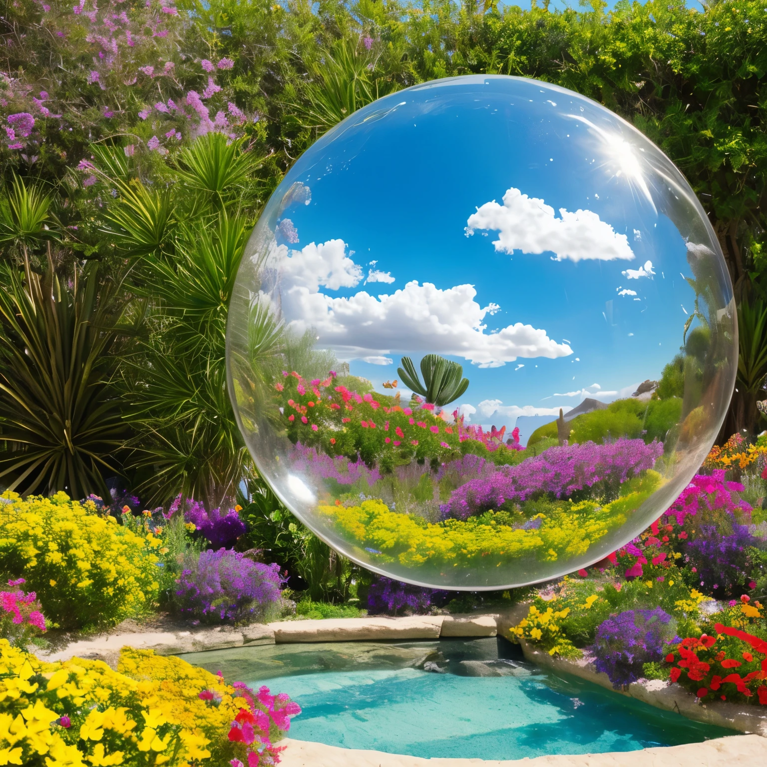 fantastic garden inside glass ball, background desert, by Annibale Carracci, Saturated(bright,  intense) colors, soft lighting, colourful flowers, butterflies, detailed plants, water fountain, shimmering glass, reflective surface, vibrant landscape, happy girl smelling flowers, birds singing, peaceful atmosphere, puffy clouds, ornate frame, impressive composition