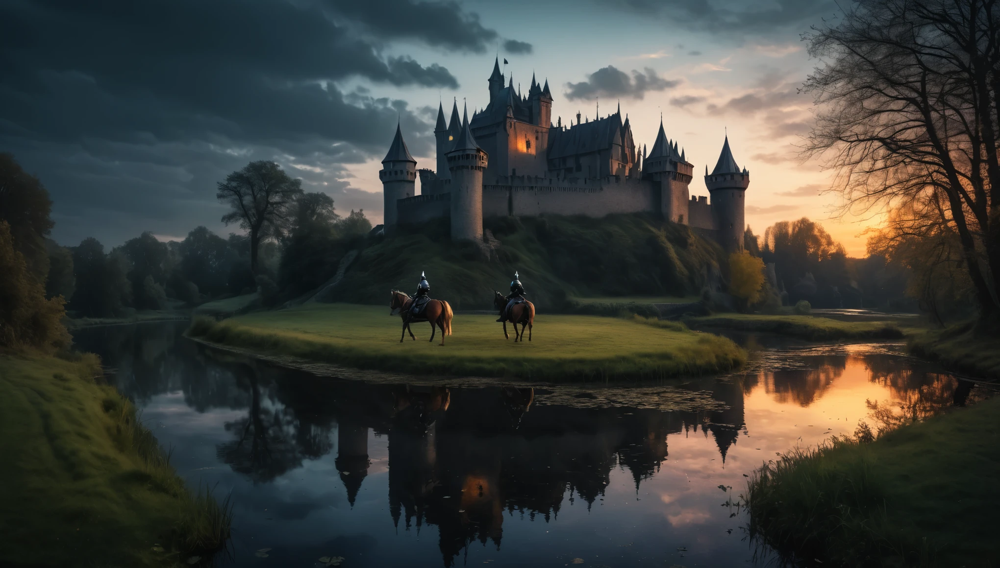 Realistic paint, dark fantasy style, royal pond, pond near castle, evening pond, little dark atmosphere,A lone knight on horseback rides down the road to the castle, hdr, raw photo, 8k, detailed