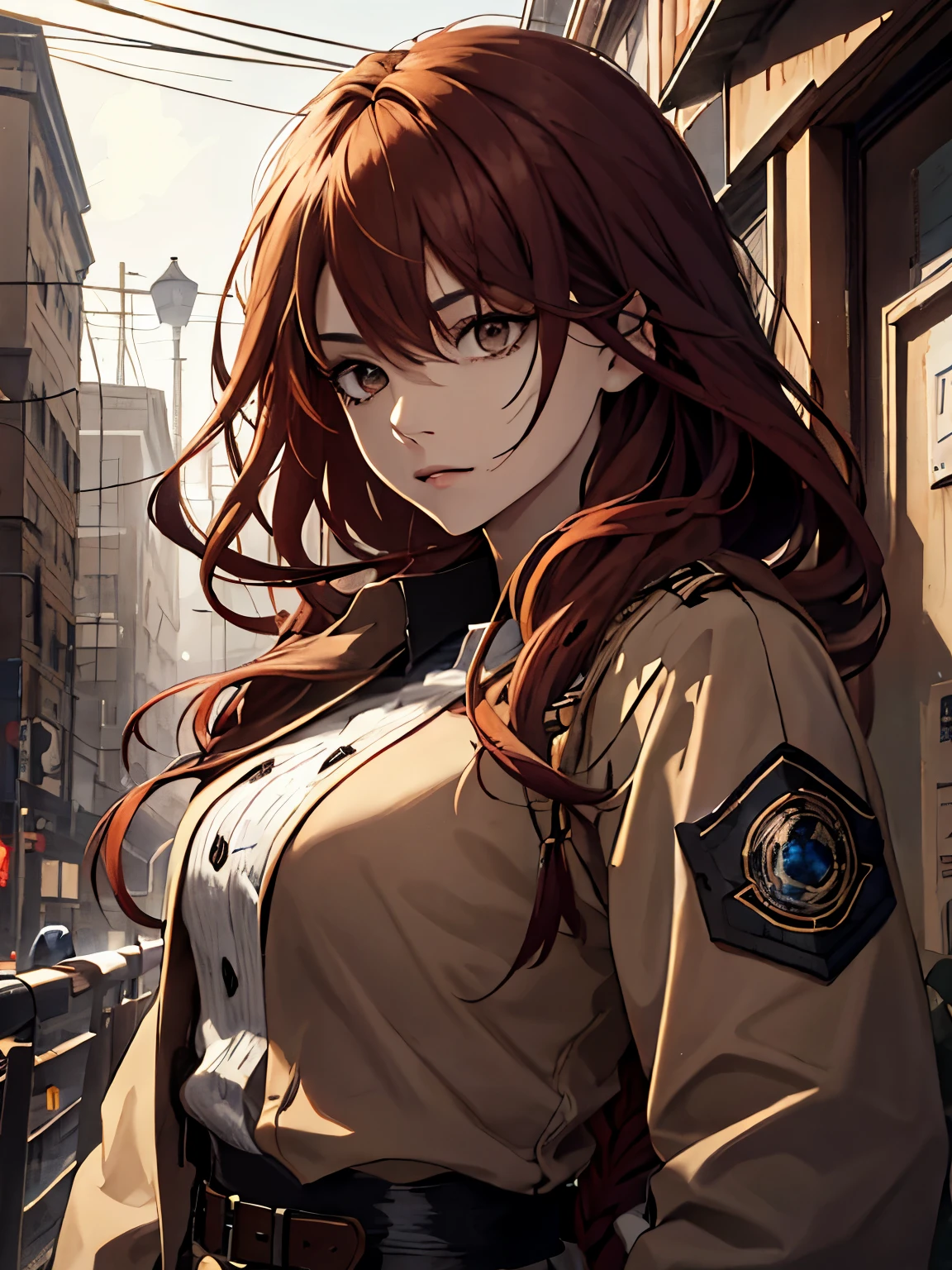 Woman, long red hair, braids, messy hair, brown eyes, light in the eyes, women's overcoat, blue katana, uniform clothes, dark city with broken background, locks of hair