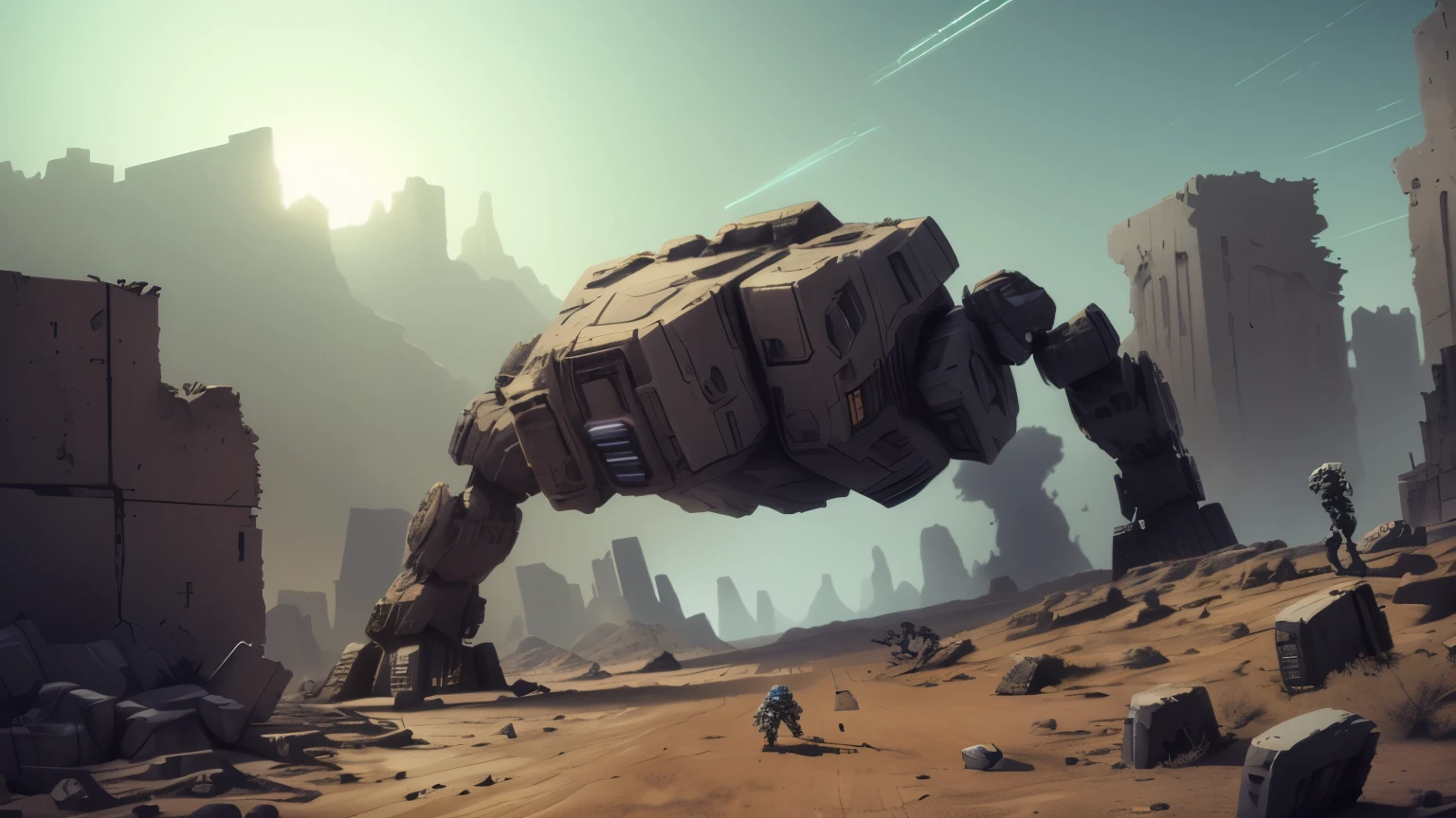 An epic robot battle in a desolate planet with landscapes of ruins of cities