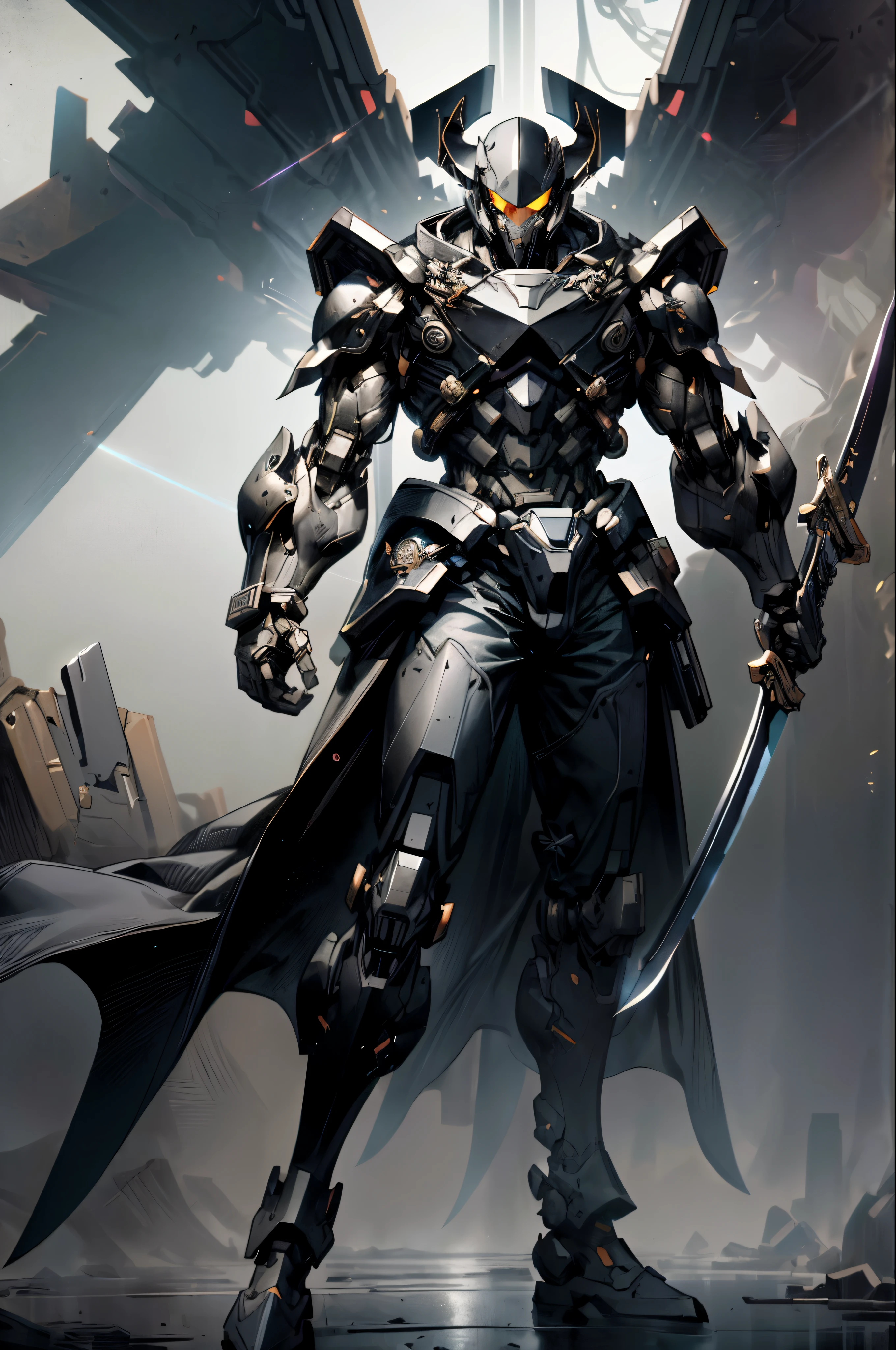 (masterpiece), (best quality), (super-detailed), (UHD), futuristic, space pirate, (mecha pirate:1.2) warrior, with (dual laser cutlasses:1.5), complex highly detailed armor, black, silver, and blue armor, jolly roger emblem, (evil robot blackbeard:1.2), (standing straight:1.52), (legs slightly bent:1.3), (holding his swords out to his sides:1.51), (in front of an all-white background:1.4), epic anime concept art by Yoji Shinkawa and a hint of Jim Lee from the X-Men in the '90s.(ray tracing), (rule of thirds), HDR, textured, cinematic lighting, over-the-shoulder shot, medium wide lense, full body shot, (facing the viewer), sci-fi concept art, Unreal Engine 5, Blender