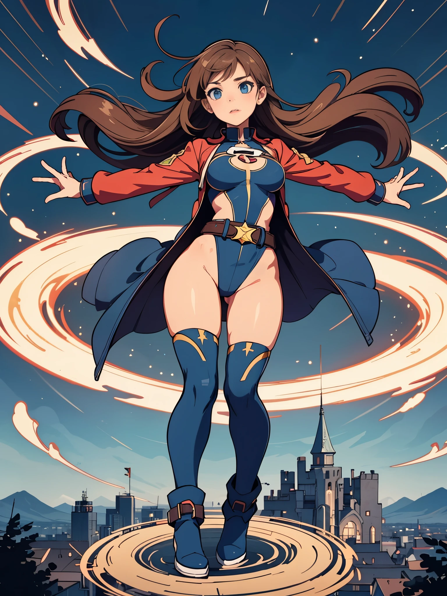 masterpiece, best quality, 1girl, medium breasts, leotard, red and blue leotard, bare legs, fastened tight gold belt, boots, matching boots, gloves, matching gloves, city backdrop, solo, single, full body shot, superhero, beautiful detailed eyes, mature lady, star symbol on chest, brown hair, high leg leotard, spins fast in place like a tornado, wind swirls, wind circles around her body horizontally, rapid gyration, girl tornado spinning, girl turning to a whirlwind, outstretched arms, standing straight, perfect hands, (((spiral lines)))