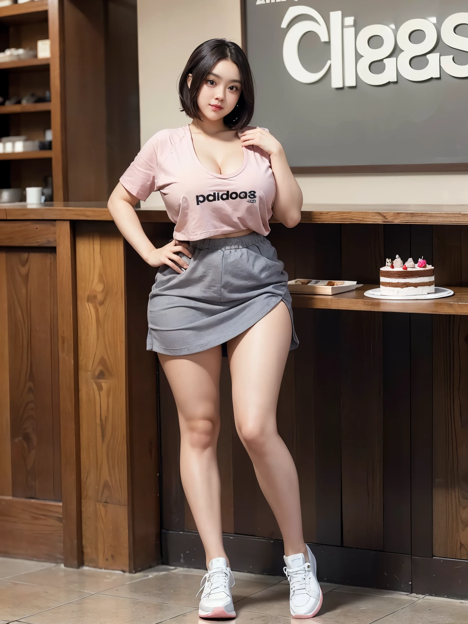 4k Ultra detailed images,Masterpiece,Best quality images, Detailed beautiful images,Best resolution images,
1 Adult girl,Perfect face,Perfect body,Sweet smile,Tall 165cm,Thicc body,Sexy slim waist,Big Butt sexy shape,Round eyes, Beautifully detailed face,Medium short hair,Massive Breasts and perfect cleavage,Round massive breast,big and sexy thighs,
Wearing long sleve pink shirt,wearing grey skirt and adidas shoes,standing at cake shop,