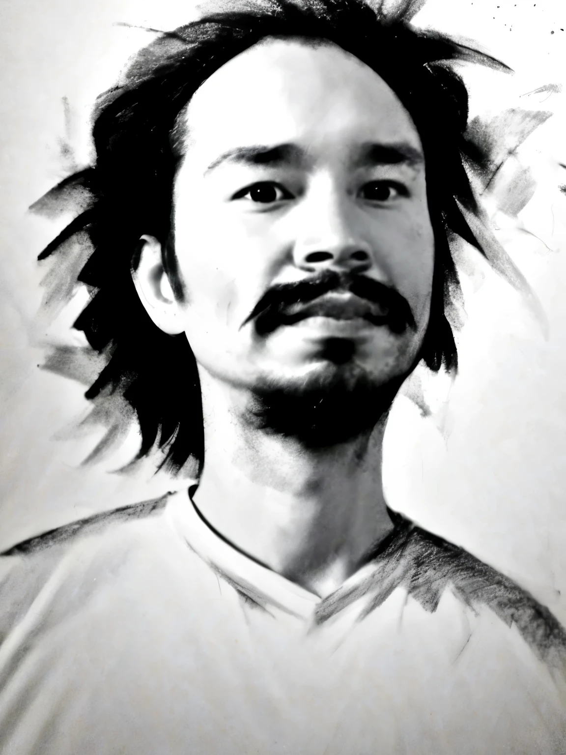 1 child of, sketch, line drawing, alone, looking at the viewer, shirt, black hair, 男1  of, closed mouth, white shirt, male focus, gray background, black eye, lips, facial hair, portrait, beard, realistic, moustache, grayscale, monochrome,advanced details