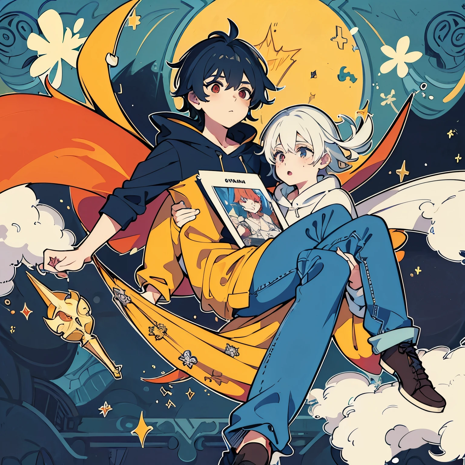 ,((Melhor qualidade))),8k,((obra de arte)),a demon boy holding a boy in a sweatshirt and flying jeans 