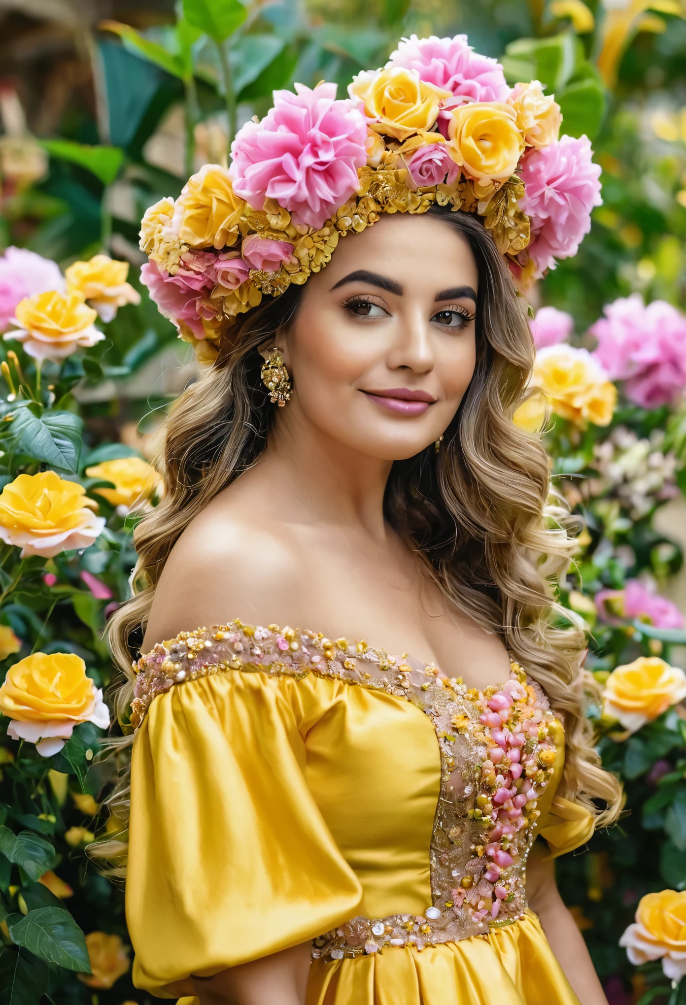 Uma mulher com cabelos longos e seu cabelo tem borboletas douradas, seu vestido e rosa com detalhes dourados, ela esta em um jardim cheio de flores amarelas, ela tem seios bem grandes