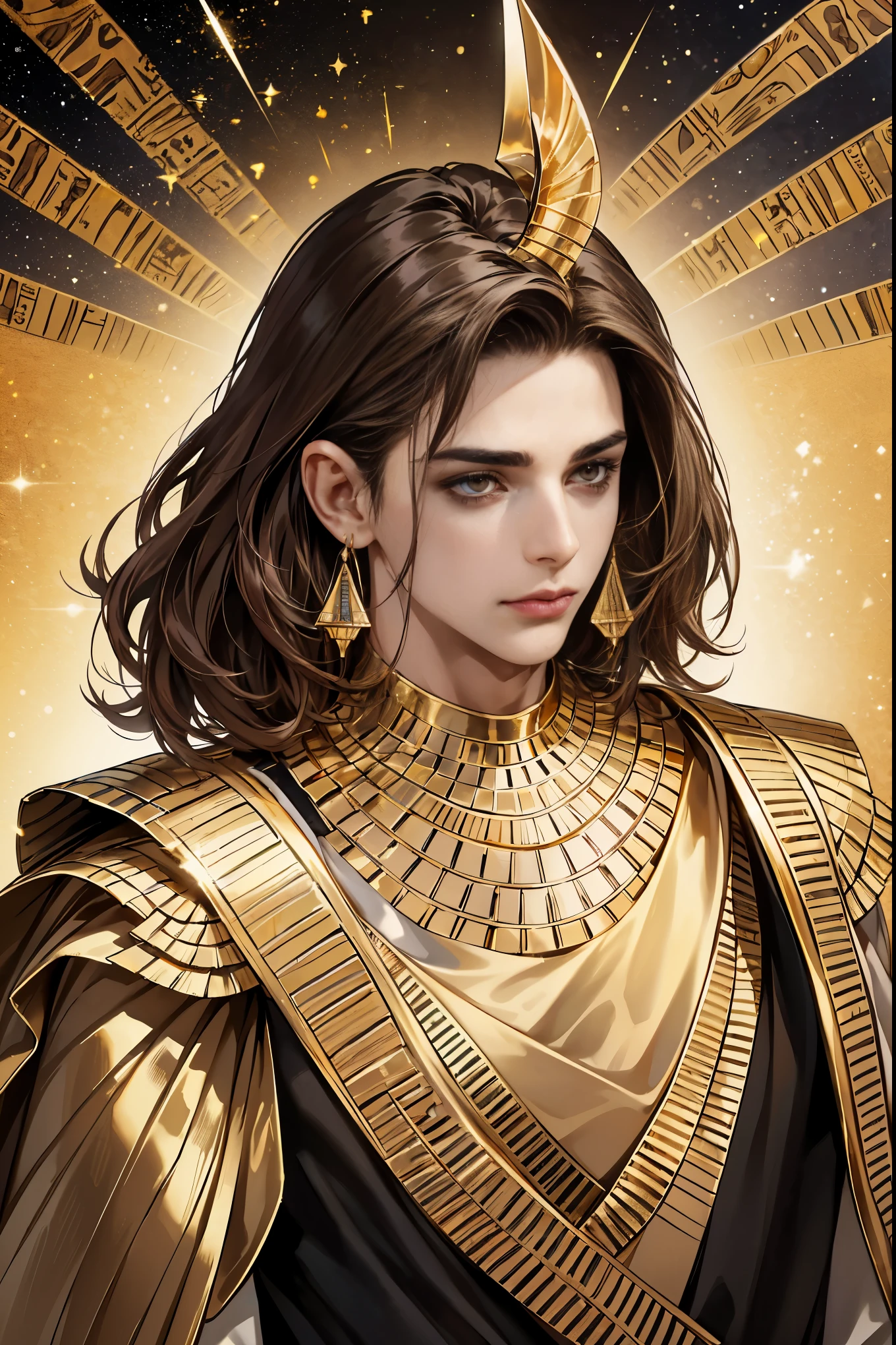 cover of a book, age male (17 yhort ((dark brown hair)), gold eyes, very handsome, (lean muscular build), surrounded by sparks of deep orange and dark gold magic flares of light, serious expression, very detailed, beautiful, best quality, (((perfect anatomy))), beautiful face. (((extra high quality))), Best quality, masterpiece, ultra-high-resolution, absurd, an epic and visually stunning digital artwork featuring a 17 year old male with an angular facial structure and a flat masculine chest. The character is adorned in a with dark colors (((Egyptian style clothes with gold jewelry))), cover for a book, photography of a sexy teenaged man, a man, (((man))), (masculine face), 17 years old, tall, bad boy, (((detailed gold eyes))), serious expressive look, dark brown hair, (((night background))), shine hair, clean shaved, super detailed face, perfect body, perfect shapes, 8k resolution, (((perfect shiny eyes))), ((perfect face)), ((perfect hands)), (((Ultra-high resolution))). Masterpiece, best quality, super high resolution, vibrant color, a boy, 1 Man, teen male (((Egyptian))), black,te, and gold palette, A teenaged male, looking at the viewerautiful face, beautiful eyes, head up, upper body, nighttime in the desert, shiny hair, shiny skin, black and white clothes with gold jewelry, particles, stars, young man in Egyptian clothes and gold eyes, handsome boy, (((Egyptian Boy))), portrait of an Egyptian boy with gold eyes, (((gold eyes))) and short, wild brown hair, (((loose curls))), (((dark brown hair))), (((tan skin))), nighttime desert background. (((Short brown hair))). (((Wild brown hair)))