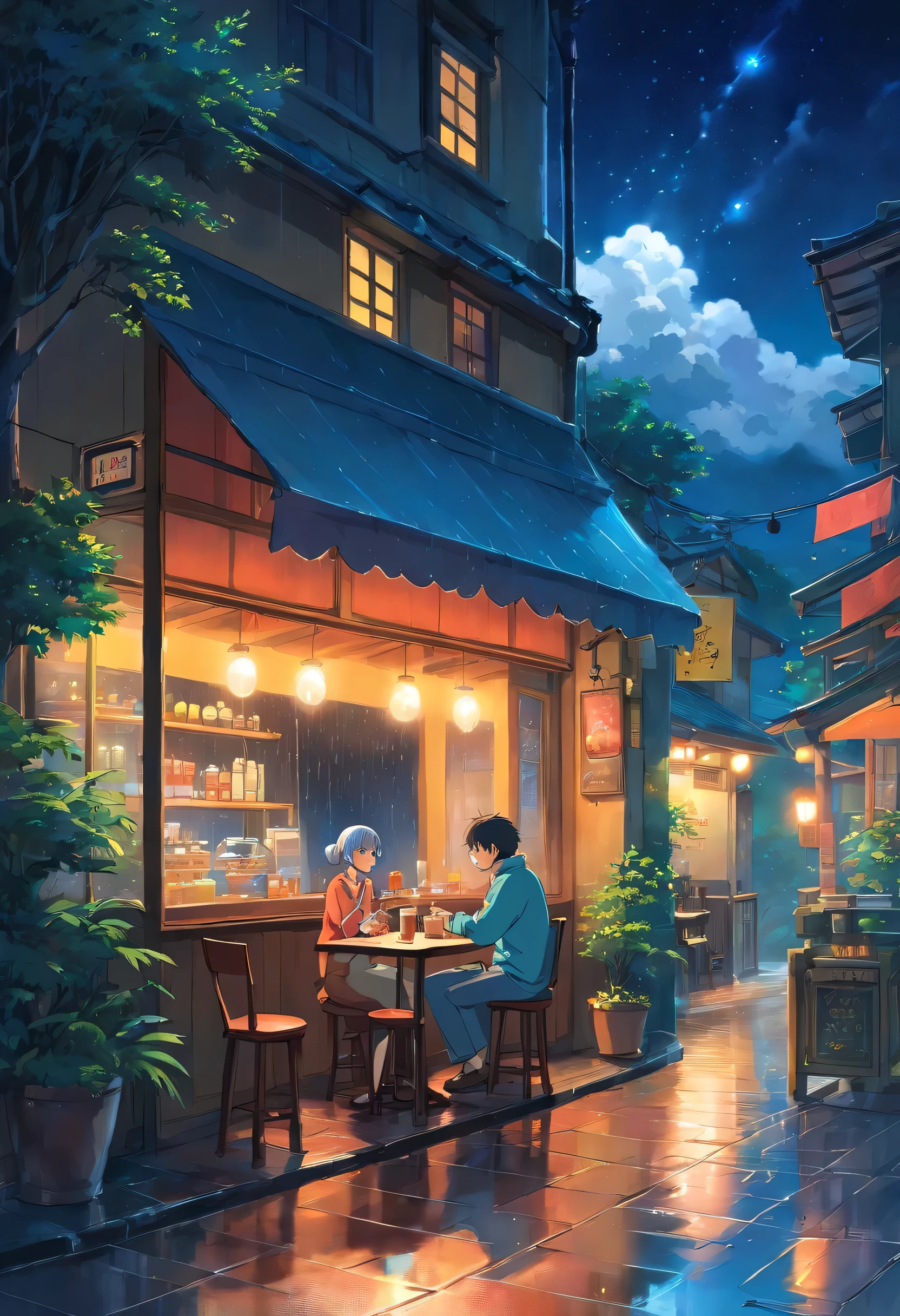 Man sit in cafe,rain,night sky,drink a coffe, Indonesian people