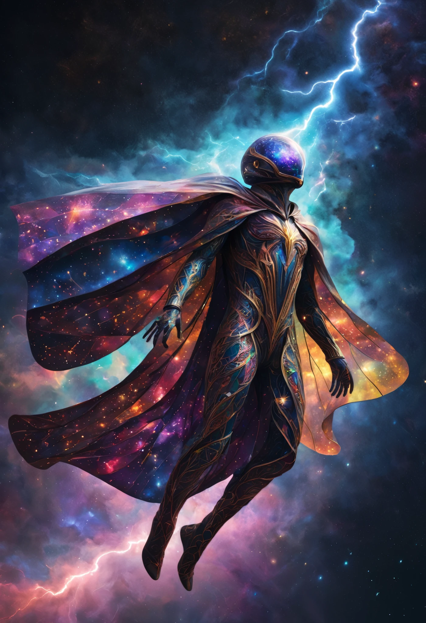Colorful Confetti,Stunning digital illustrations, Transparent cloak-like creature, Featuring intricate patterns similar to stained glass nebulae, as it weaves in space,Countless legs crackle with cosmic lightning.