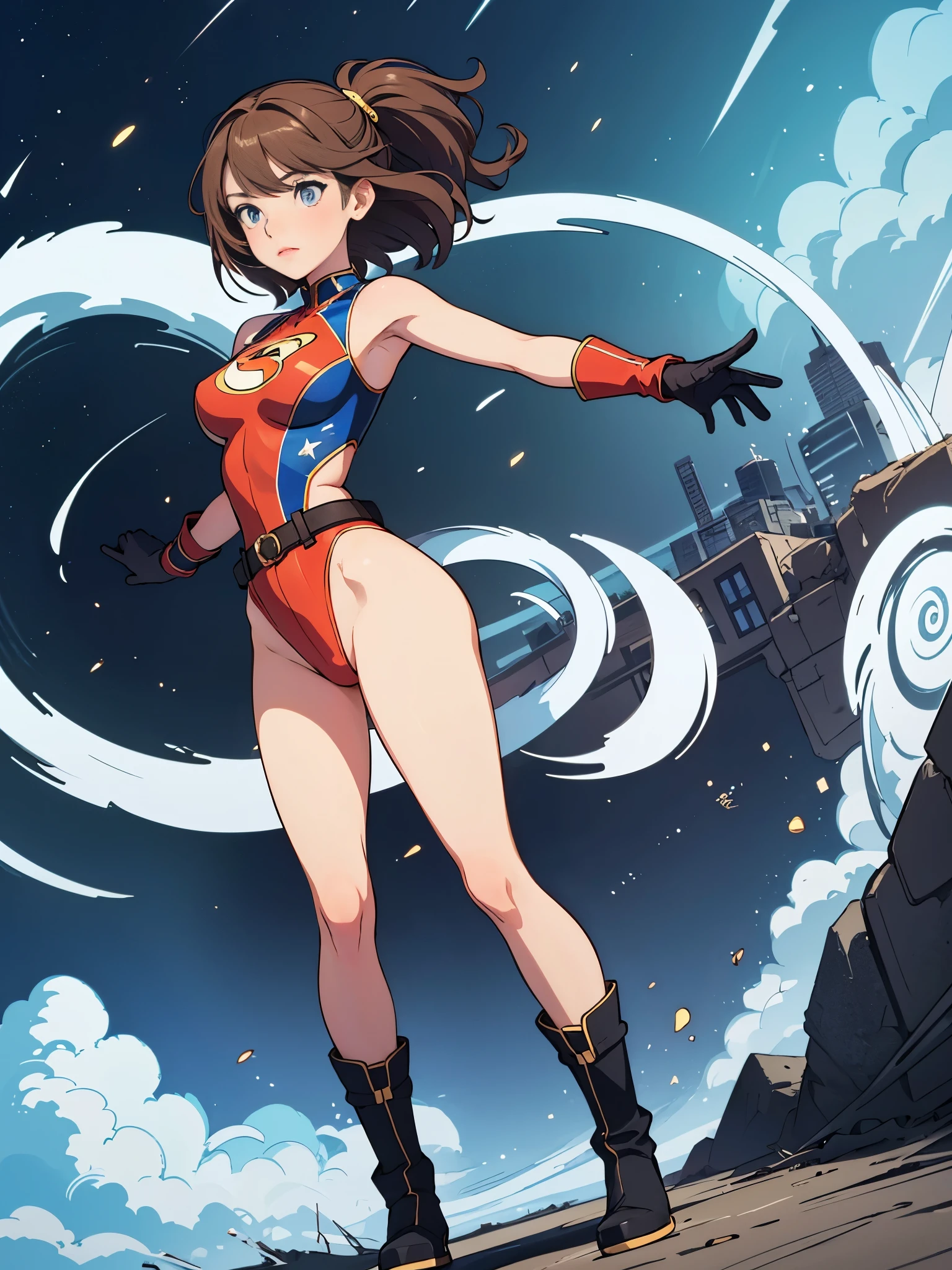 masterpiece, best quality, 1girl, medium breasts, leotard, red and blue leotard, bare legs, fastened tight gold belt, boots, matching boots, gloves, matching gloves, city backdrop, solo, single, full body shot, superhero, beautiful detailed eyes, mature lady, star symbol on chest, brown hair, high leg leotard, spins fast in place like a tornado, rapid gyration, girl tornado spinning, girl turning to a whirlwind, outstretched arms, standing straight, perfect hands, (((spiral lines)))