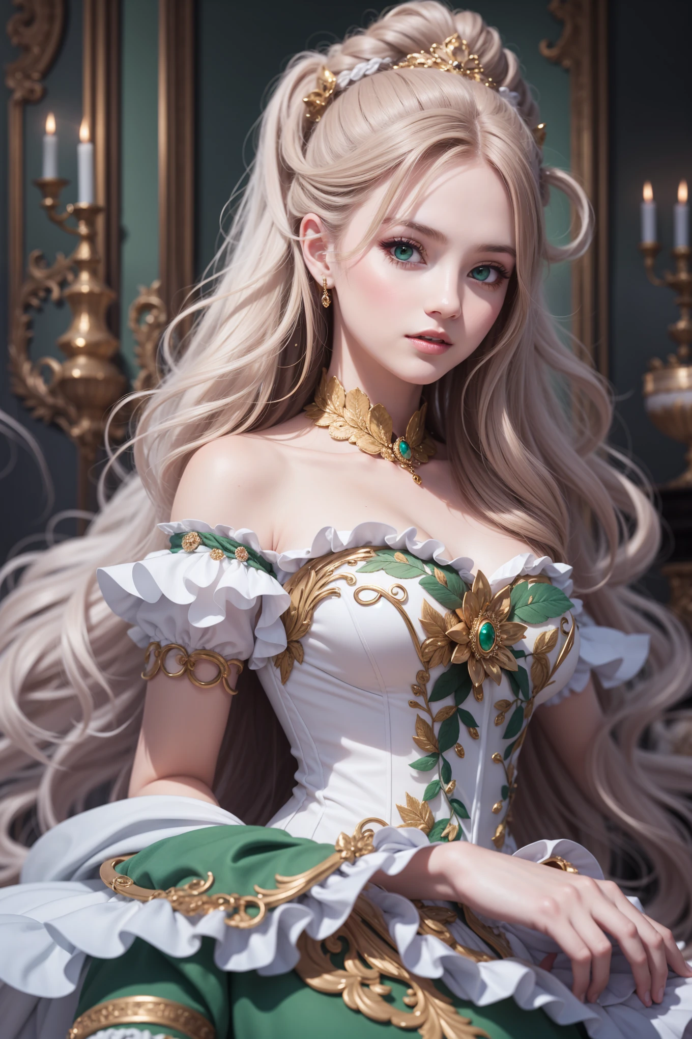 very beautiful girl (European look), (((brown-haired))) long thick curly (((red))) hair, green eyes (dreamy look), fancy rococo dress ((richly decorated)), bright colors