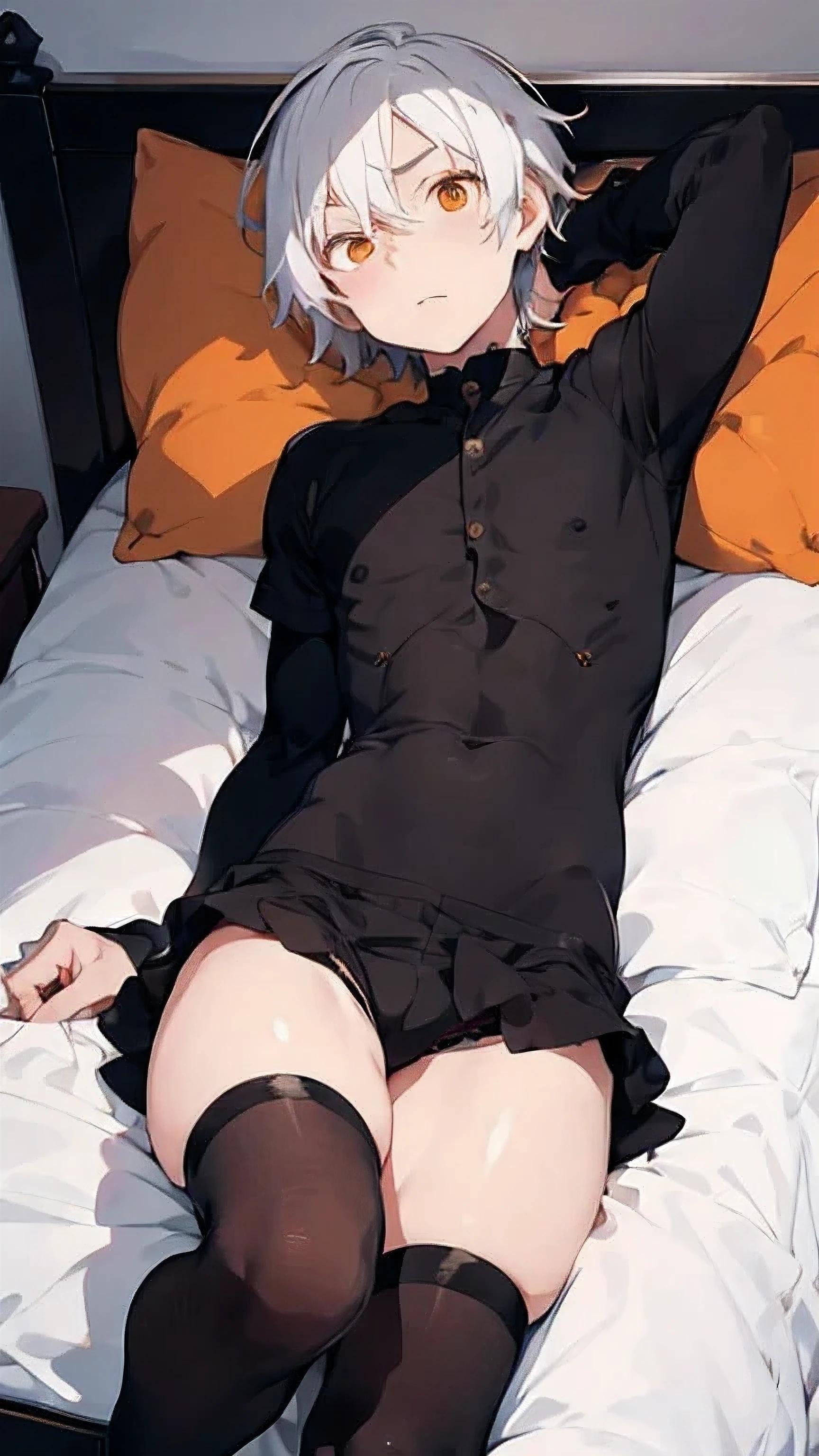 Men, boy, effeminate body, black thick thigh, White hair, orange eyes, long stockings, short clothes, best quality, detailed, shy expression, lying on the bed , .