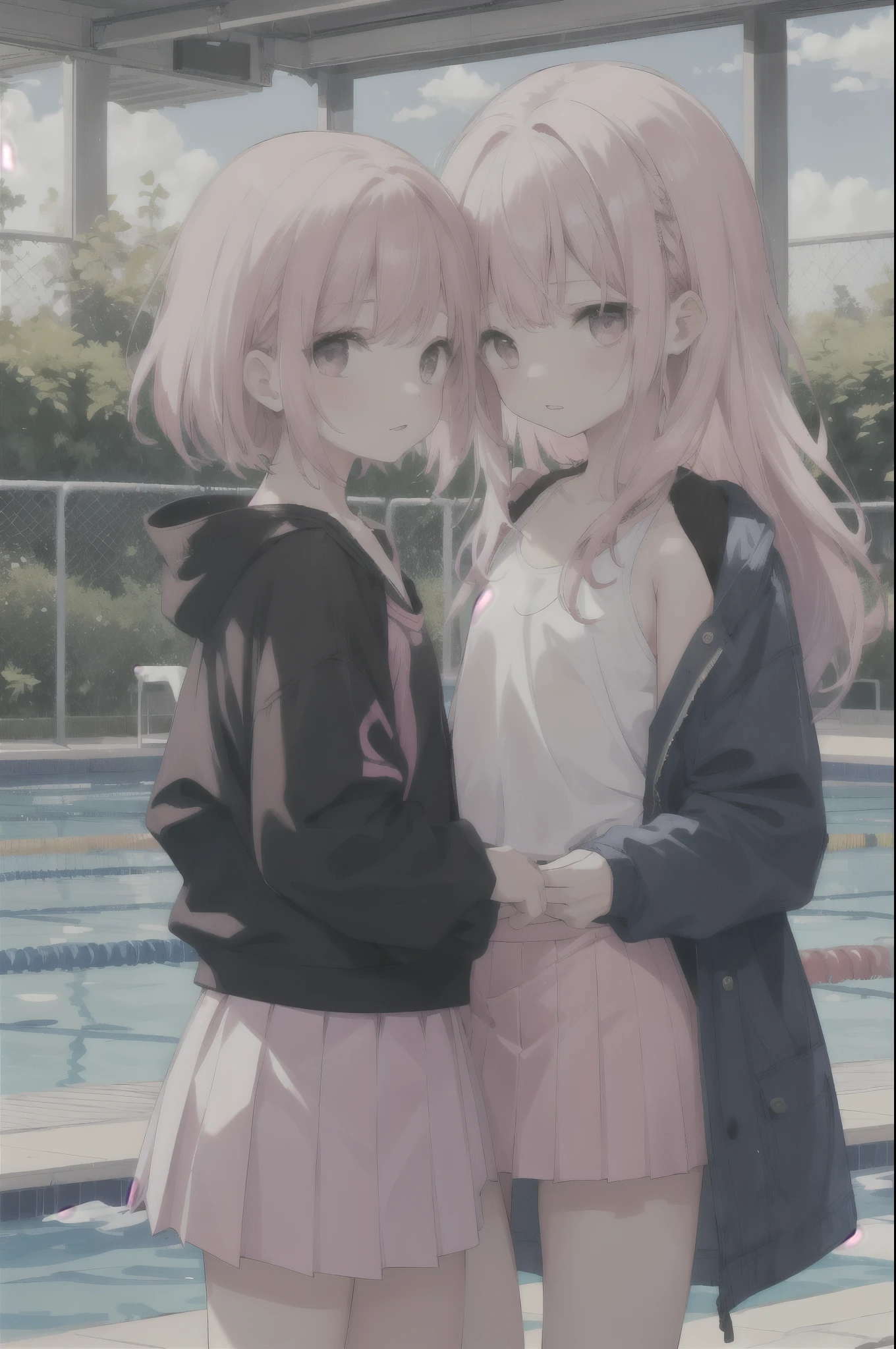 Girl 1, young, 10 years old, pink hair, without a bra, small breasts, without a shirt, wearing a jacket and a short skirt, girl 2, young, 9 years old, kissing each other on the mouth in the school swimming pool, and two people watching from behind, high quality and bright colors, lifting the skirt without underwear.