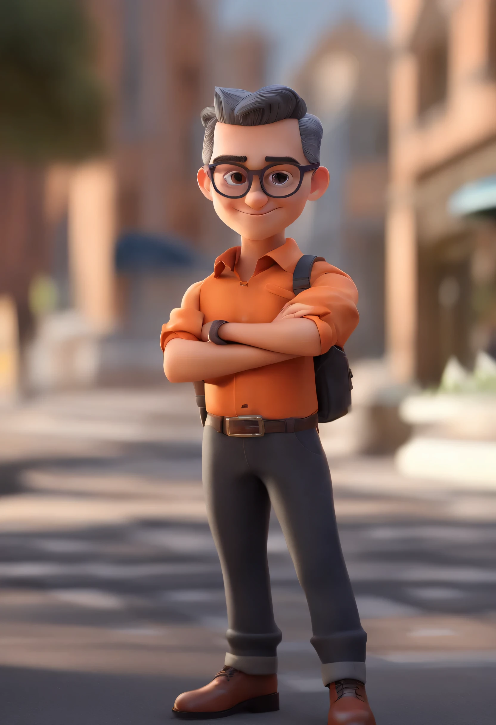Cartoon character of a man in black glasses and orange and dark gray marble worker shirt, animation character, Caractere estilizado, animation style rendering, 3D estilizado, Arnold Maya rendering, Stylized 3D rendering, toon render screenshot, Personagem 3D, Personagem 3D, Stylized 3D rendering, 3D character rendering, personagem de desenho animado, Personagem de close up, Pose de personagem, (Estilo Pixar) (parte mestre:1.2) (Bokeh) (Melhor qualidade) (pele detalhada) (textura detalhada) (8k) (argila) (cinematic lighting) (sharp focus