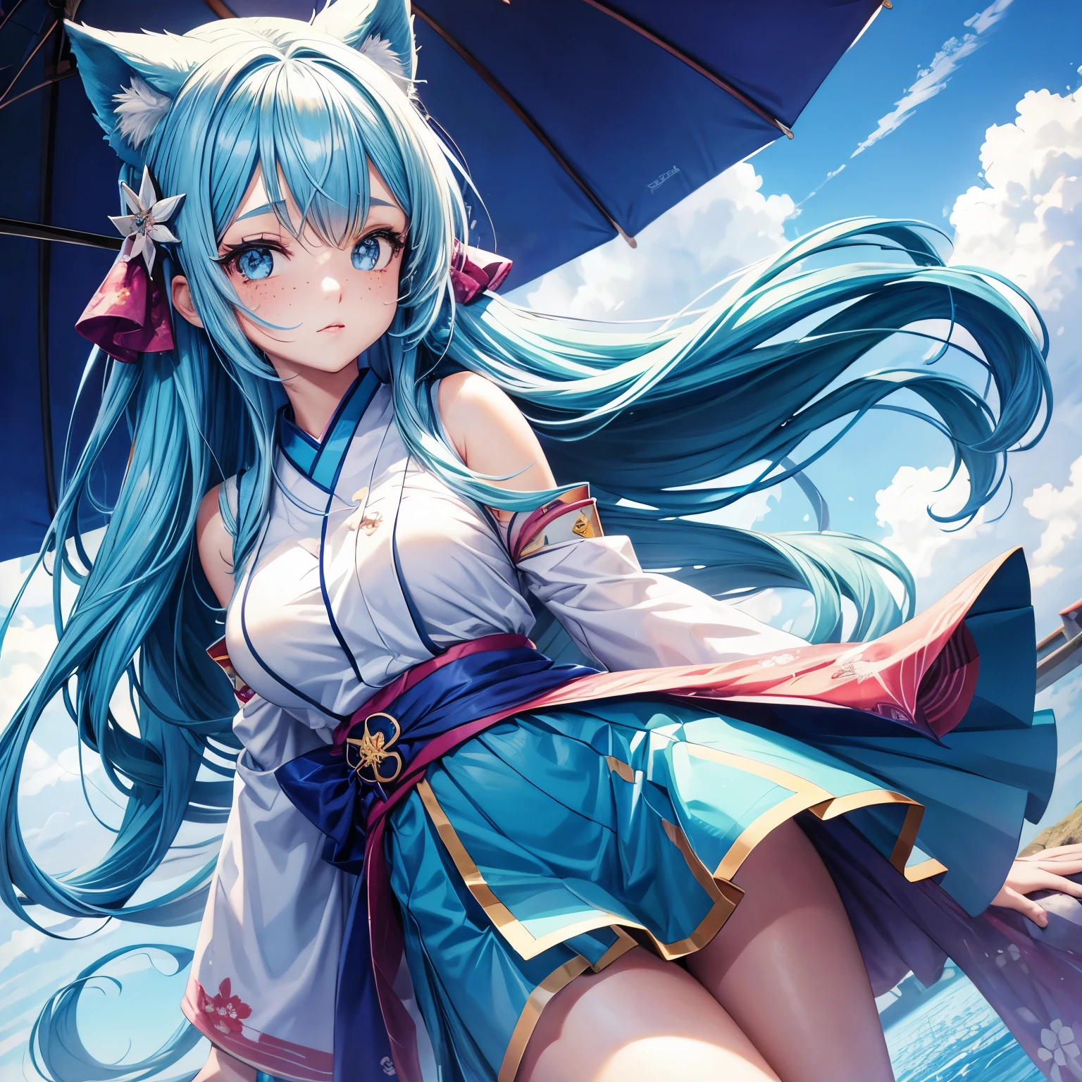 Anime girl crystal blue hair with freckles Japanese  outfit 