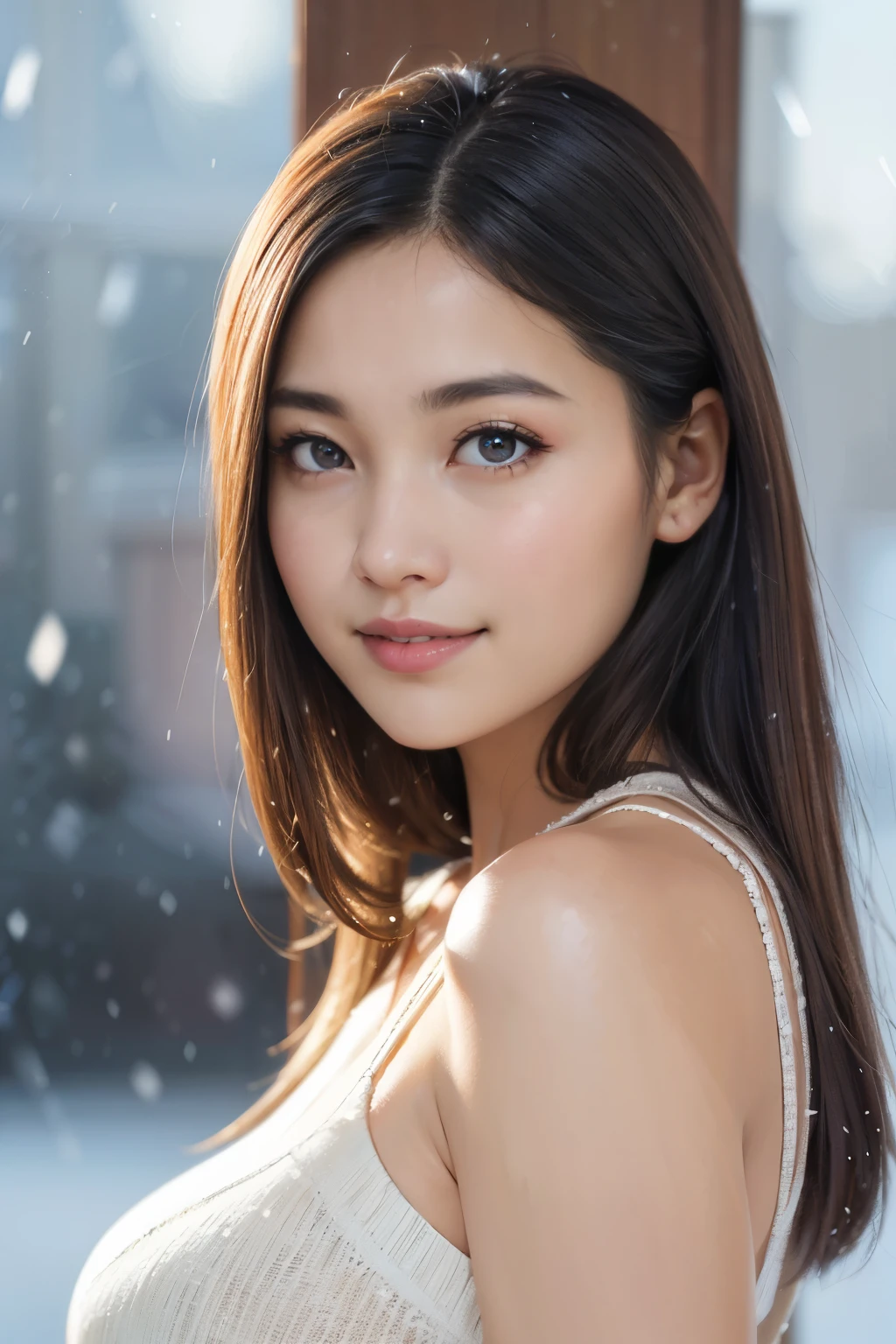((Kamimei、tight knit))、(big and full breasts)、(realistic、Photoreal、super detailed、best detailed skins、highest quality、masterpiece、超A high resolution)、cute japanese woman、16 years old、high school girl、young girl、light makeup、No makeup、1 girl、have bangs、double eyelid、drooling eyes、Japanese style face、simple face、watch here、realistic skin type、fluffy hair、red cheeks、The wind is blowing、It's snowing、illumination、lighting from behind、smile
