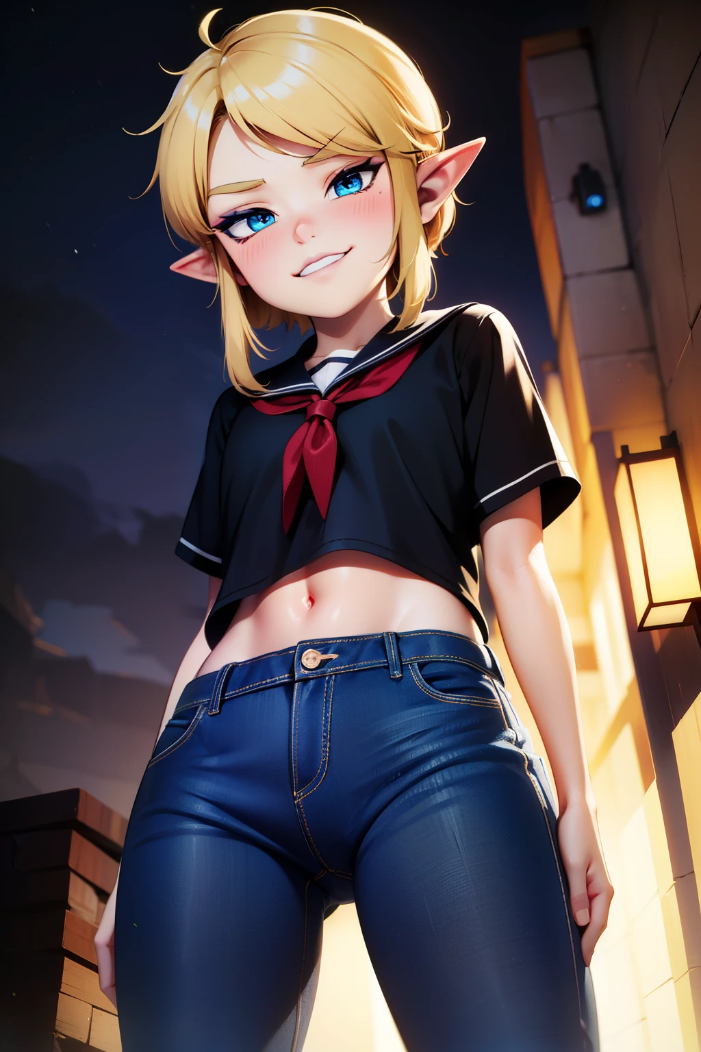 linkxl,thin,tall,blonde hair,pointy ears,blue eyes,black lips,eye shadow,blush,makeup,(mean:1.1),smirk,school outfit,navel,jeans,divine light, standing, night, solo, outdoors, from below,