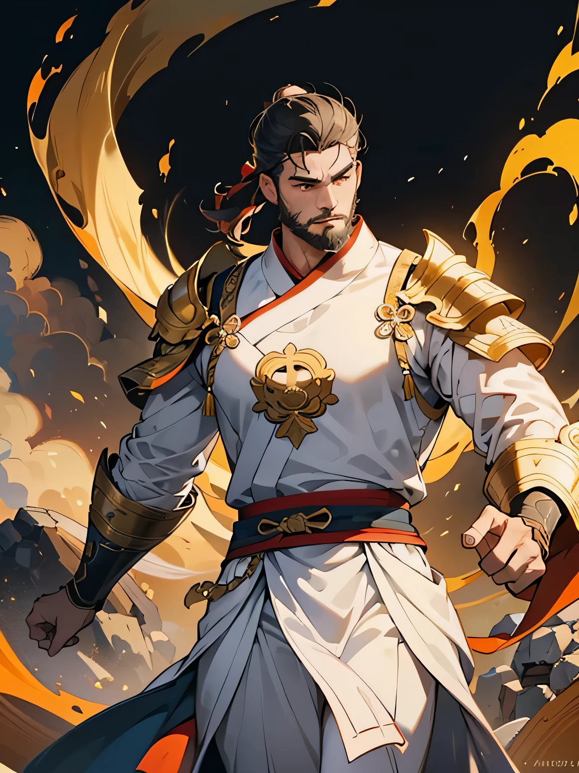 ancient Chinese style mythology，white  clothes，Shogun，immortal，mtu，with short black hair，Short hair，burly build，musculous，（Burly figure:1.5），（There are streamers behind you:1），Auspicious clouds，Light effect，Particle，（Statue of the Buddha of the Heavenly King），Shoulder blades，Skirt armor，chest plate，（Golden armor：1.5），shelmet，angry look，Thick hair，thick mustache，（A military commander in armor），Surrounded by mink，（marten：1.5），Place one hand on your chest，mighty，2K, best qualtiy，Masterpiece, Super detail, High details,Well-made beard,，（High- sharpness，ultra - detailed）， tmasterpiece， solo, High detail, (A high resolution, ultra - detailed), Cinematic lighting, Motion blur, Ray tracing, reflective light, Masterpiece, Best quality, High quality, Anatomically correct, Textured skin, High details, Super detail, 1080p, hyper HD,