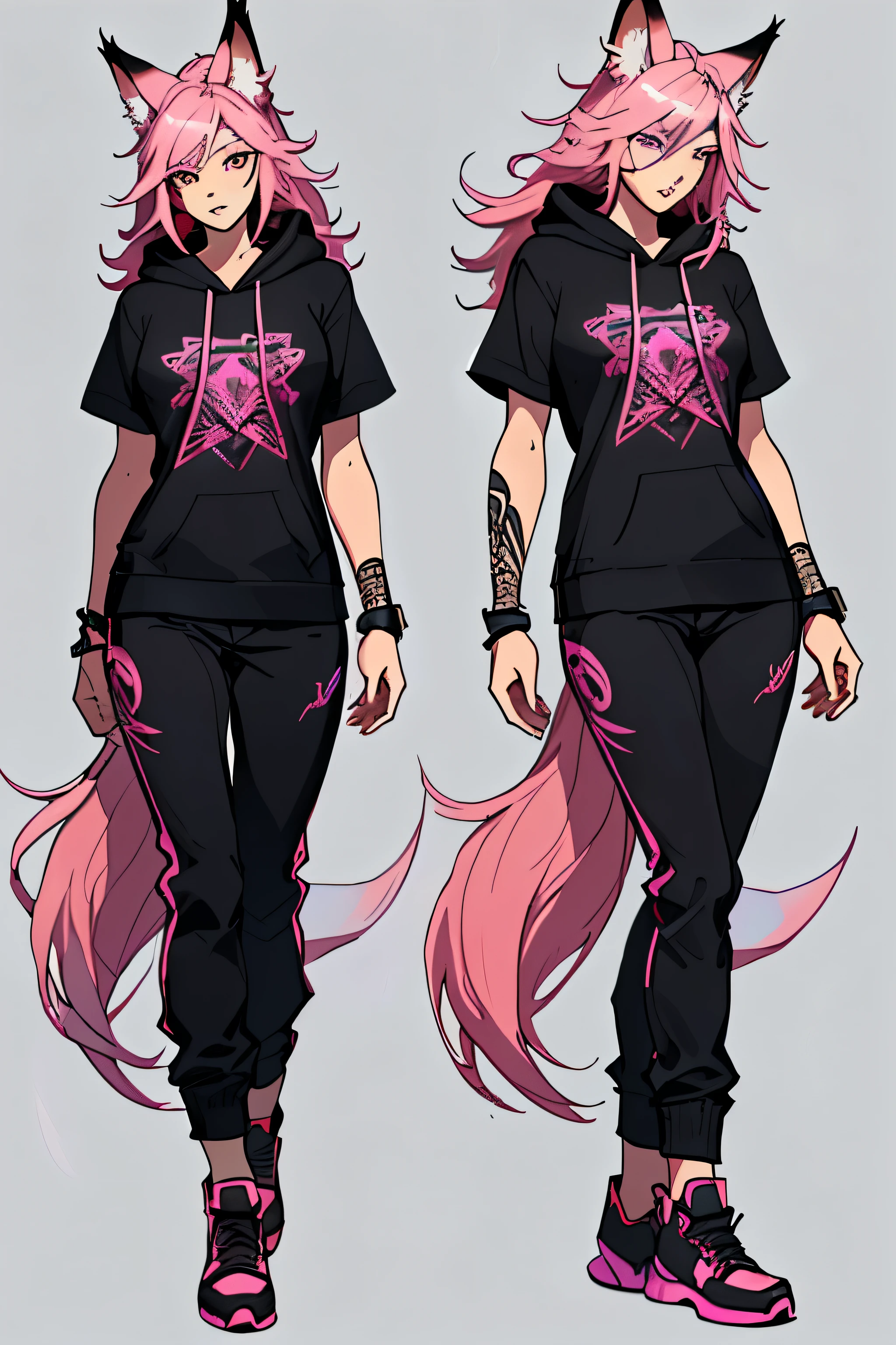 1 girl, ahri league of legends, Nine-Tailed Fox, wavy hair, pink hair, long hair and fox ears, teenager, hoodie, pants, black clothing, colourful hair, light background, full body, teenager, tribal tattoo, colorful parts, sketchbook, hand drawn hand, symbols, dark , bold, realistic sketch, sketch, mixing dark lines and loose lines, bold lines, on paper, turn on character sheet, human woman, grey eyes, full body, imposing pose, lots of details, stylish outfit, symbols, runes , dark theme , black shirt, beautiful, pretty, modest