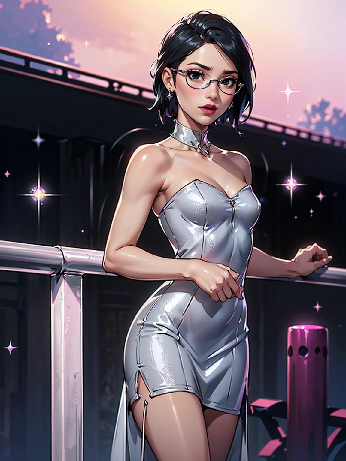 (1girl, solo, alone), (WakatsukiRisa, Sarada Uchiha, black hair, short hair, black eyes, red glasses), ((solo, (1woman, (small bust),pink lipstick, black eyes), Extremely detailed, ambient soft lighting, 4k, perfect eyes, a perfect face, perfect lighting, a 1girl)), ((silver dress, ((((Strapless Midi Dress)), sparkling dress)), posing on a railing, diamond shimmering dress, wearing silver dress, fancy silver dress, sexy dress, tight dress, wearing a sparkling dress, transparent gray dress, glitter dress, skintight dress, short dress, sparkly, portrait demi rose, violet myers, short minidress, shiny and sparkling, revealing stylish dress, tight attire))