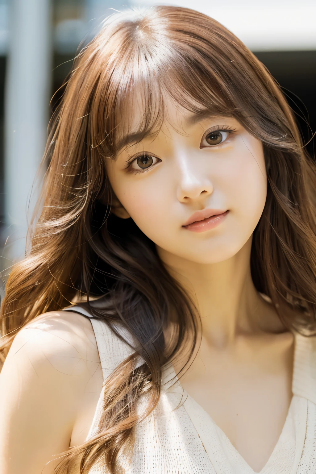 The location is Omotesando、Korea person、elegent、Elegant、Girl with long curly hair、Turn、off shoulders、The face is Kasumi Arimura、large round eyes、Sunlight、with round face、Wide double width、Crisp double、With bangs、Brown eyes、short nose、