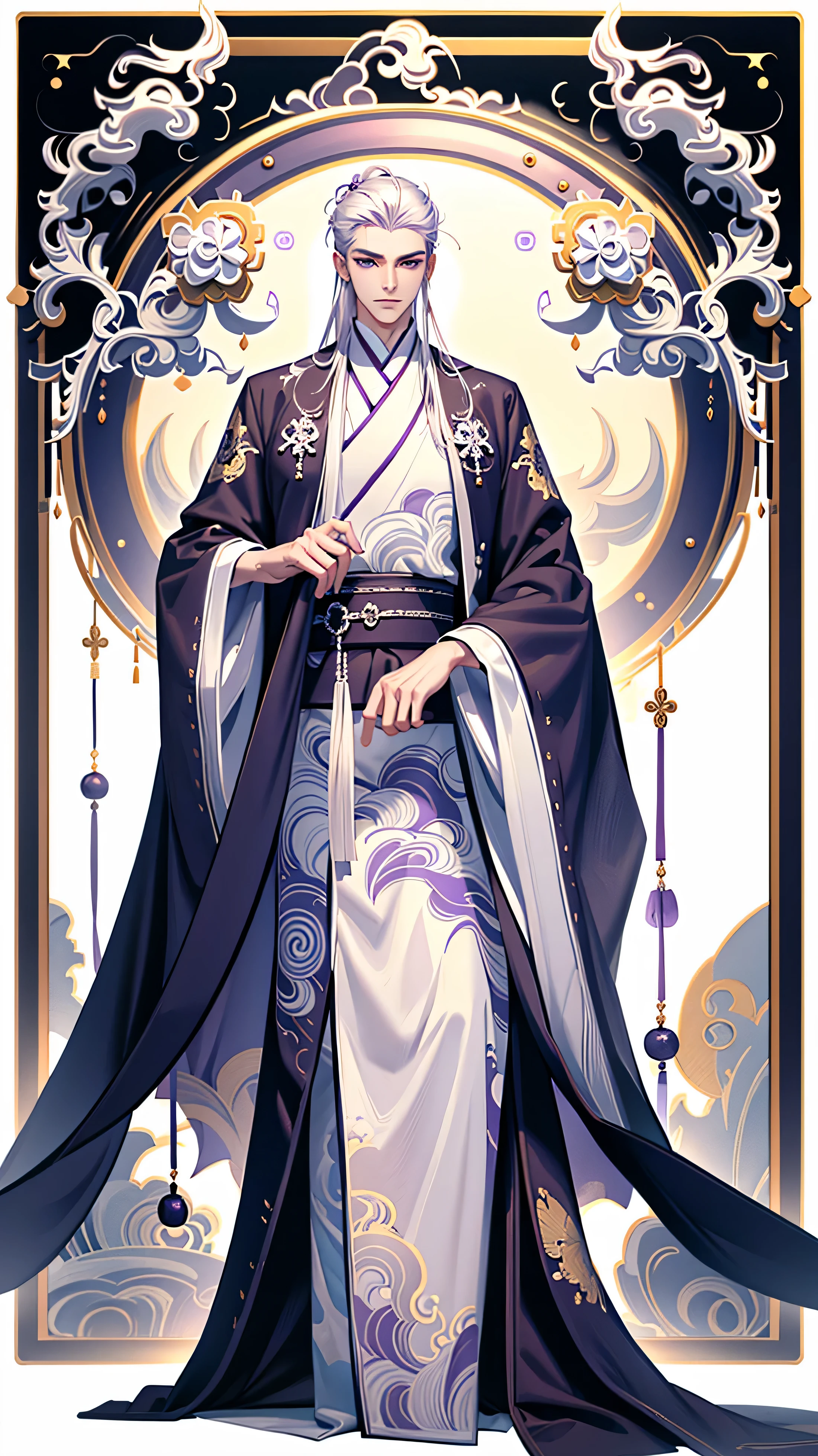 （masterpiece，best quality）， solo，1 person，A handsome man with white hair slicked back, Wearing purple and white clothes, White-haired God, Backcombed bun, Purple and white Hanfu, beautiful figure painting, long white hair, Elegant purple and white robe,  Gray-haired, flowing white hair, flowing hair and gown, Detail of long white hair，A man in Hanfu，Ice storms