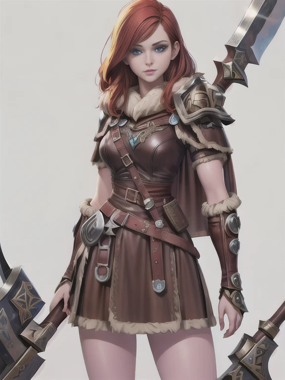 (masterpiece, best quality:1.2), Character design, ((1 girl, solo)), viking warrior, slim body, medium chest, skinny waist, ((long deep redhead)). blue eyes. (((leather armor, mni skirt left, skirt right))), belts, (((big pauldrons, intricate details))), (((lfur cape))), (((advanced weapon fantasy plasma axe in right hand))), (standing), plain gray background, masterpiece, HD high quality, 8K ultra high definition, ultra definition,