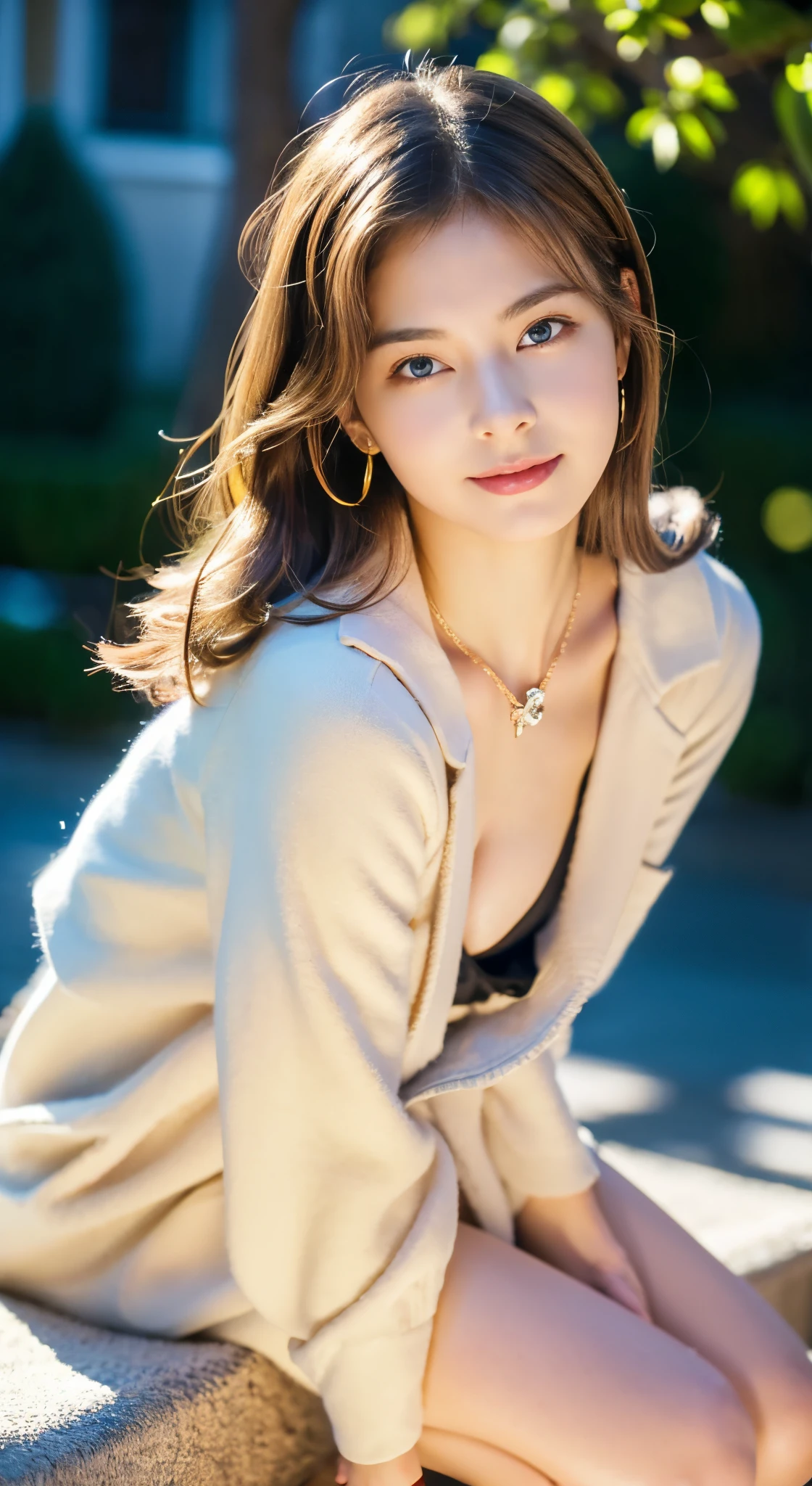 ((high-definition images, masterpiece, atmospheric perspective, 8k, super detail, accurate, best quality, single shot)), (((a westerner cute women with ))), (casual style), jacket, unbuttoned shirt, swollen areoles, (roce, eyes realistic sizing, drooping eyes, blush, smile), (((standing and spread legs, focusair))), (in the forest, mountain, rock, thin river, at night), blond braid hair, tiny earrings, thin necklace, (light makeup),