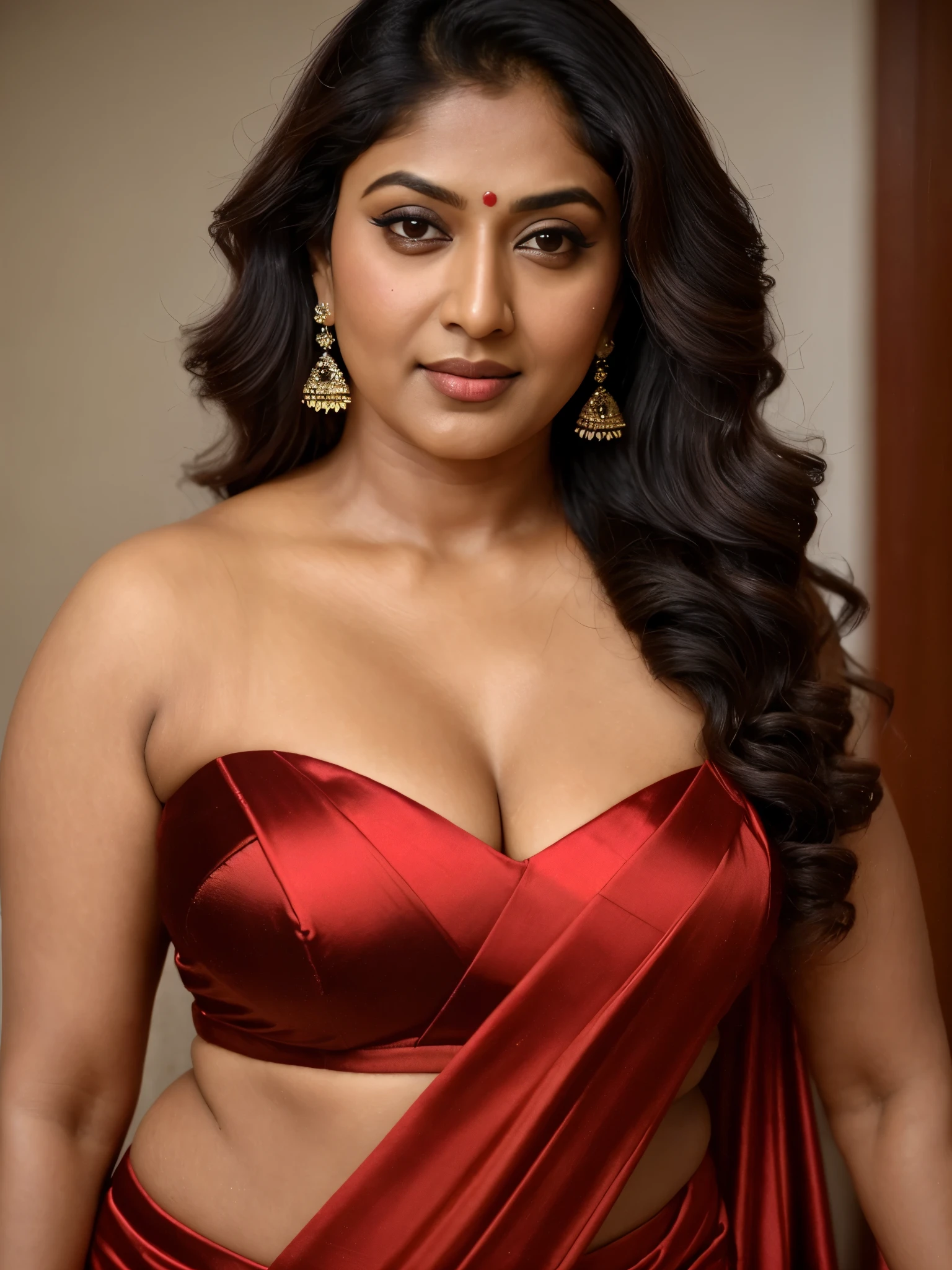 Wearing a sexy satin saree with strapless Bra, sexy Indian housewife, Looks like Indian Actress Nayanthara, actress Nayanthara, mallu, mallu aunty, desi aunty, full figured mature beauty,  sweaty skin , shining skin, sweat, attractive figure, 48 years old, desi milf, desi aunty, a close up of a woman in a red dress in a bedroom, inspired by Avigdor Arikha, sleek!!!, indian super model, wavy hair combed to one side, actress, by Jitish Kallat, smoldering, intense smoldering, fashion, an angel, print ready, with a dramatic looking, inspired by Sudip Roy, seductive look, sexy Saree queen, sexy Saree fashion, seductive Saree, party wear saree, sizzling hot Beauty, 