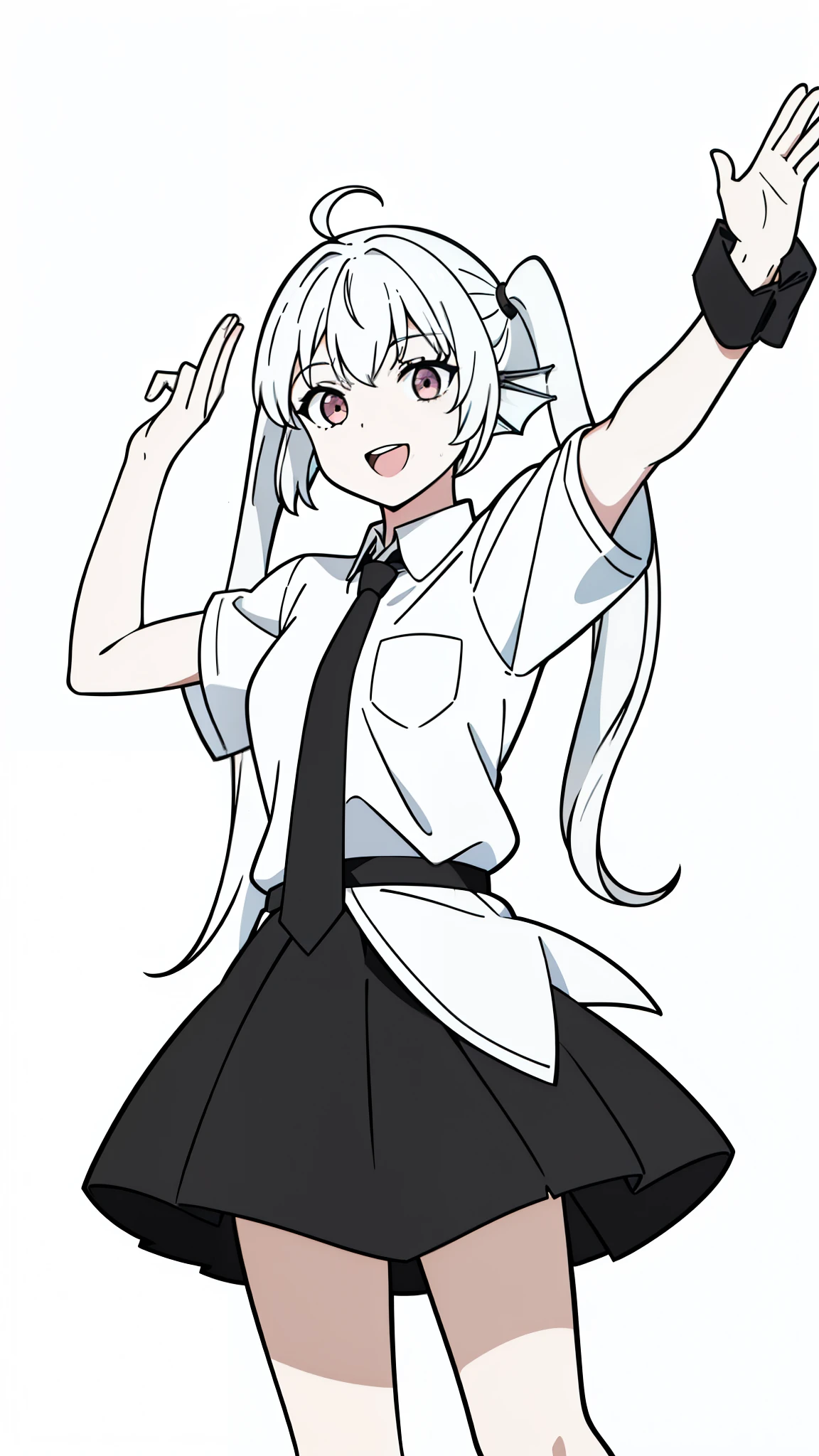 1girl,20 years old,solo,(white background,line drawing),long hair,white hair,finana,twintails,((white shirt,short sleeves,black standart tie,black skirt)),open mouth,outstretched hand,smile,ahoge