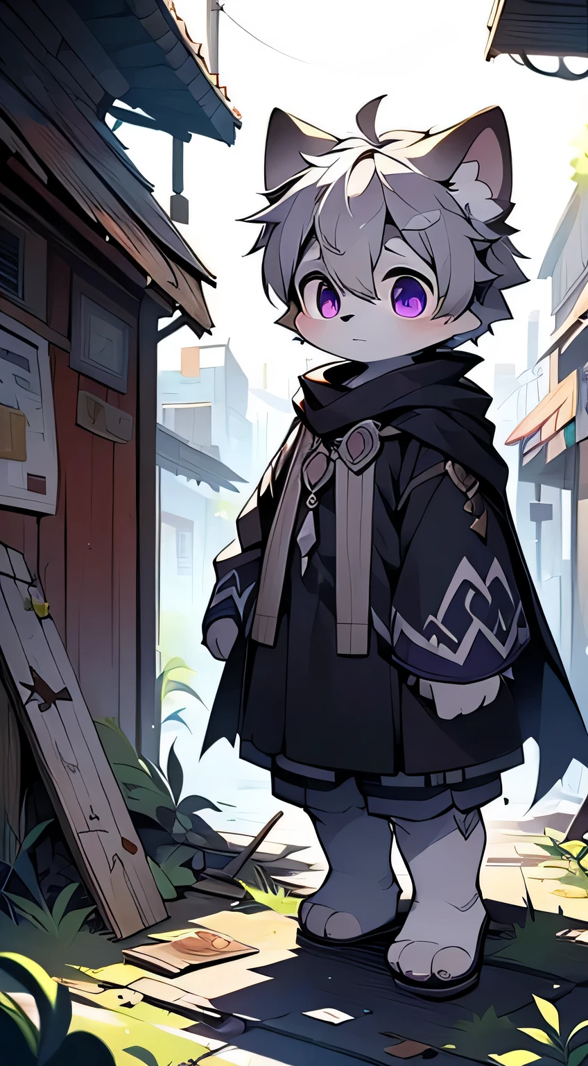 (masterpiece),character focus,detailed background,full body,ultra cute face,dog boy,light grey fur,dark grey hair,solo,eyesgod,purple eyes,eyes highlights,In abandoned cities,sad,Black cloak