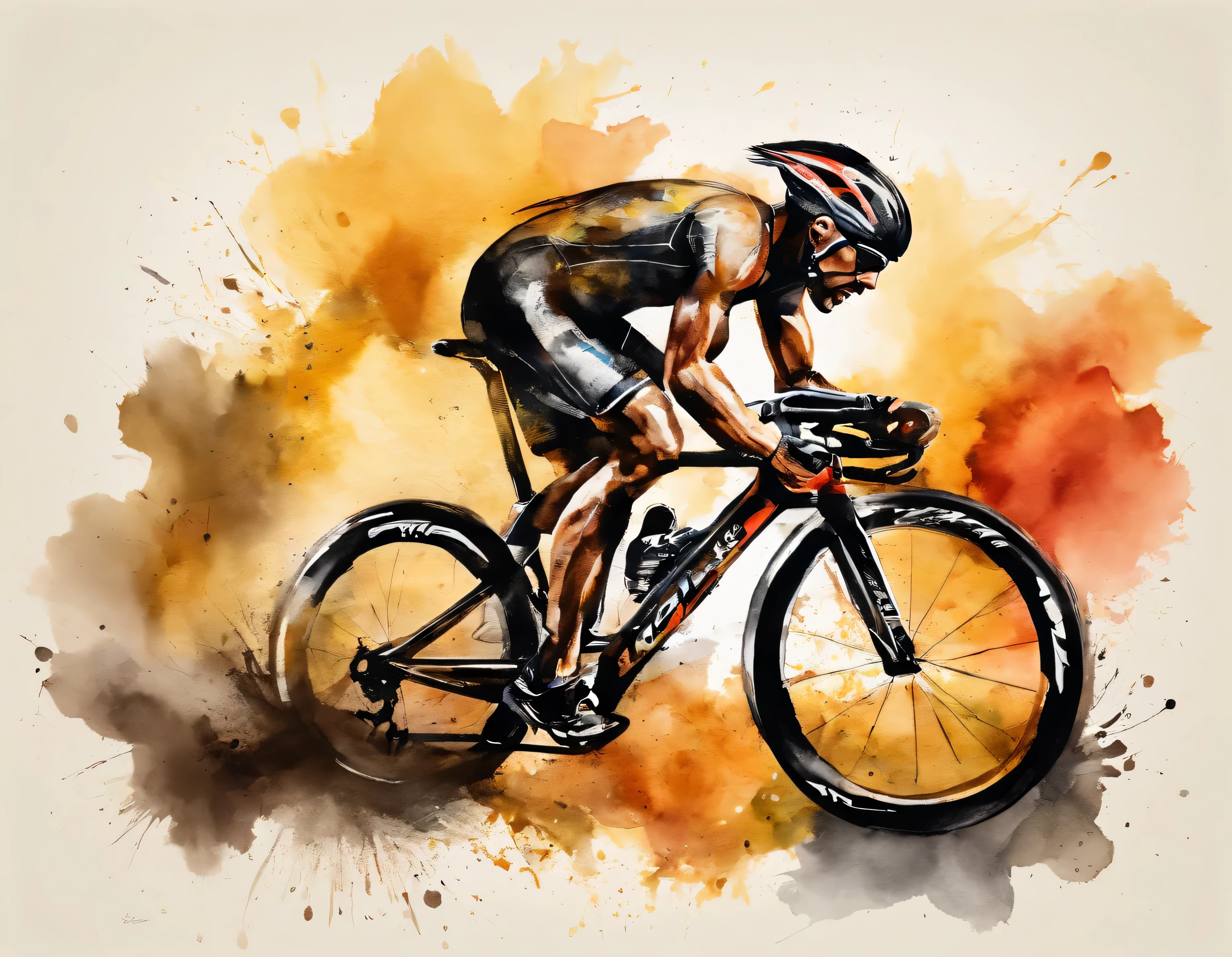 logo para ciclismo de triathlon, velocista, montanha no fundo, lobo feroz na frente, metalico, dourado e preto, 