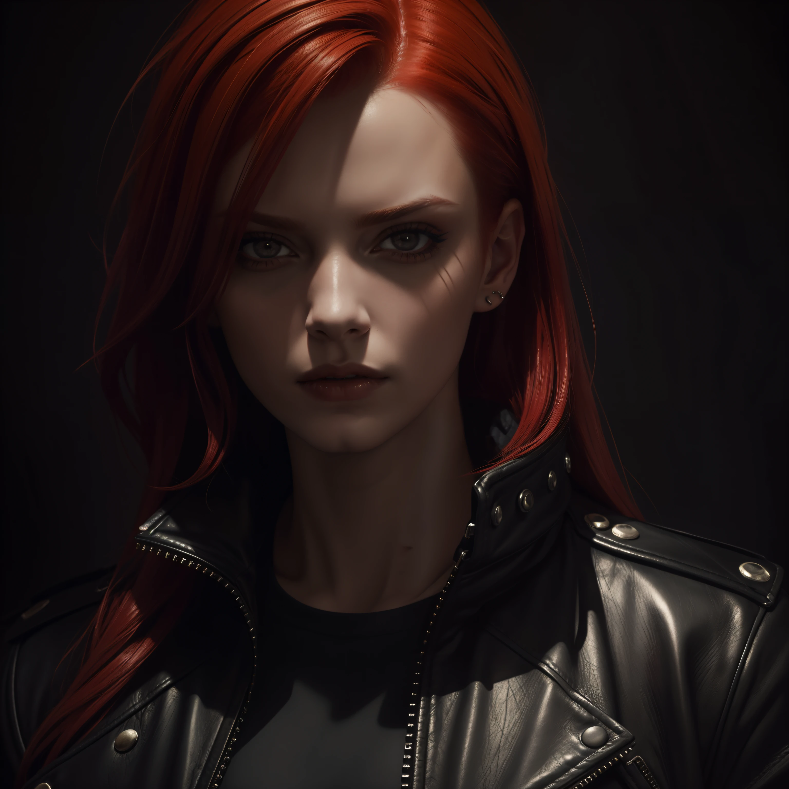 (A high resolution,masterpiece:1.2),Ultra detailed,Woman with red hair,Wear a black leather jacket,evil look,piercing eyes,Intense expression,Edgy style,dark atmosphere,dramatic lighting,oil painting,Textured background,high contrast,deep shadows,bright colors,sandy tones